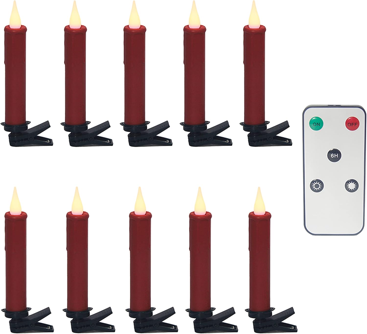 Velas LED cónicas para árbol de Navidad con temporizador, control remoto y clips extraíbles, funciona con pilas, juego de 10 velas cónicas realistas