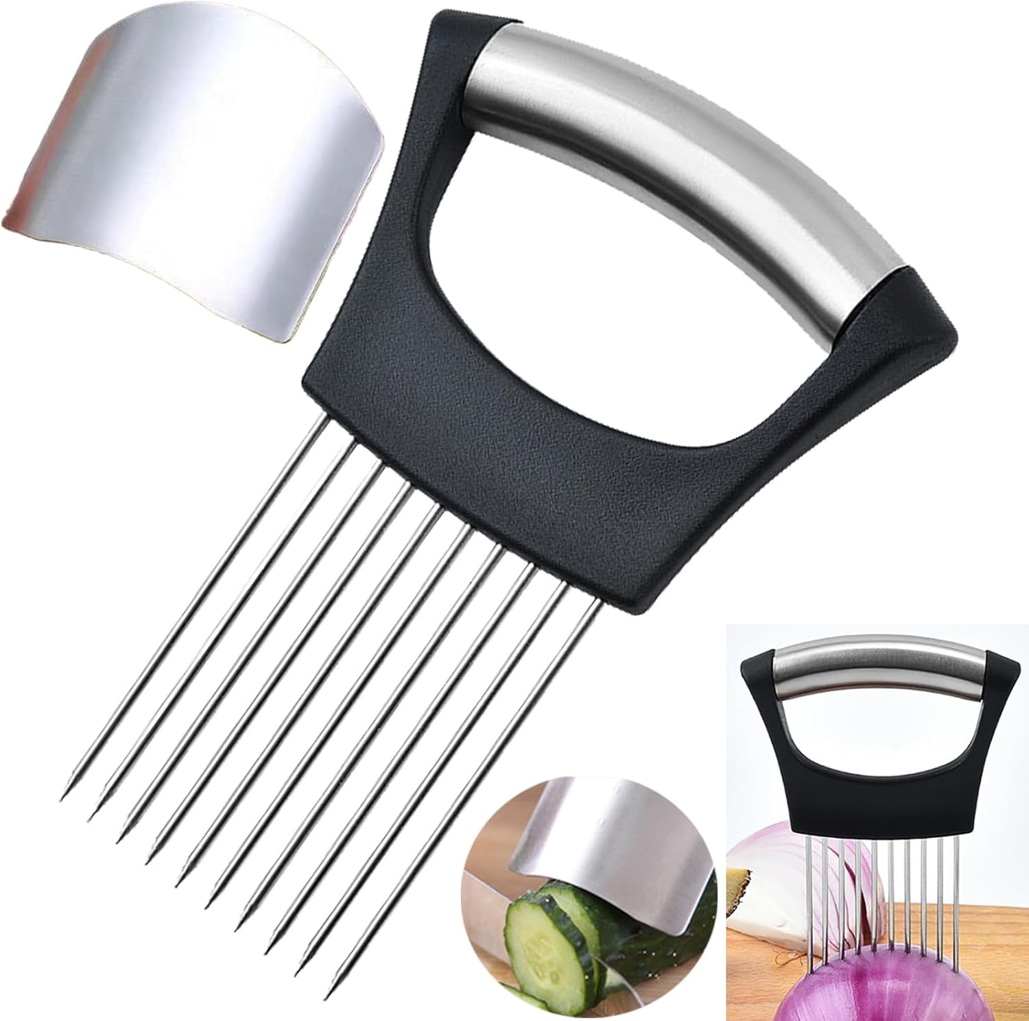 1 soporte de cebolla para rebanar, 1 protector de dedos para cortar alimentos, soporte de acero inoxidable para cortar cebolla, tenedor de cebolla,