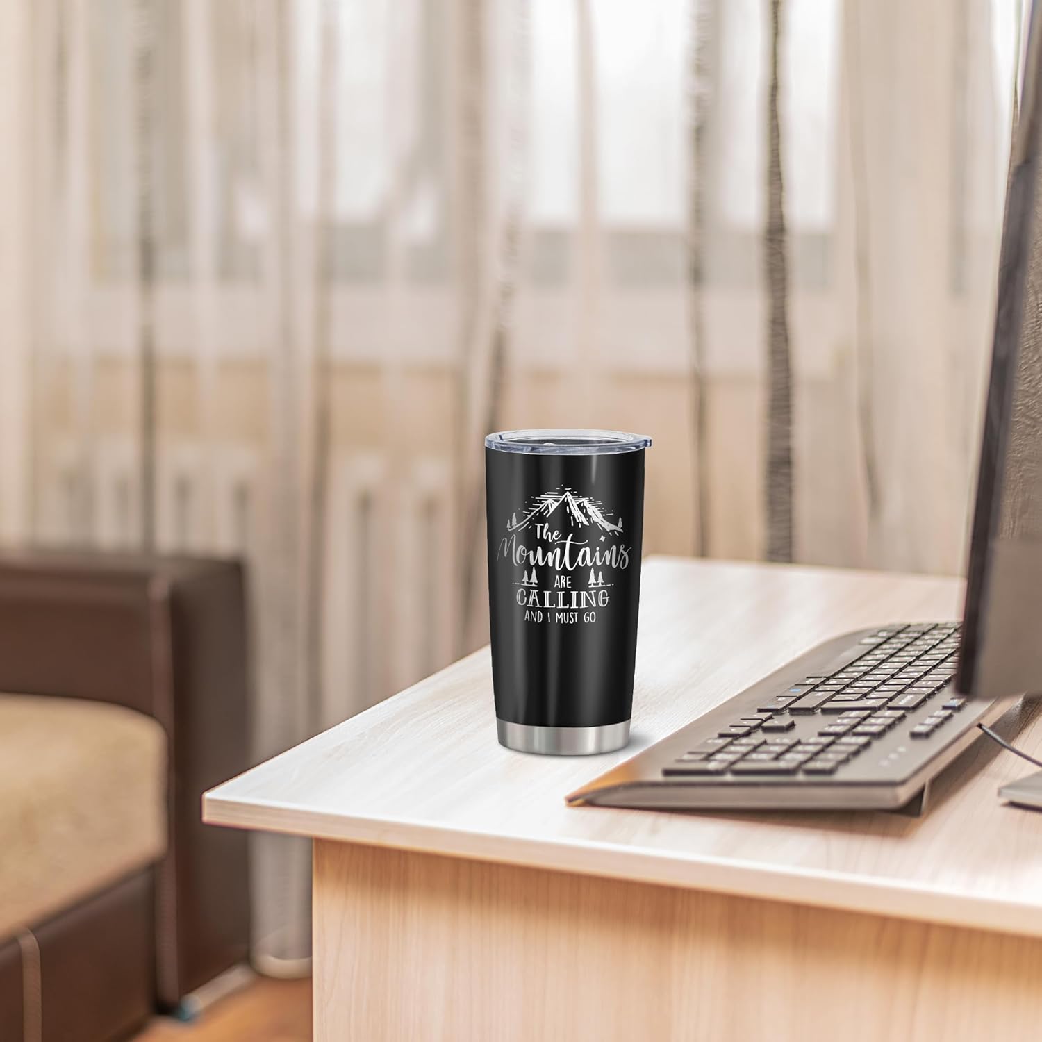 El mejor regalo para los amantes del aire libre, The Mountains Are Calling, vaso de 20 onzas, regalos para entusiastas del aire libre, taza de café