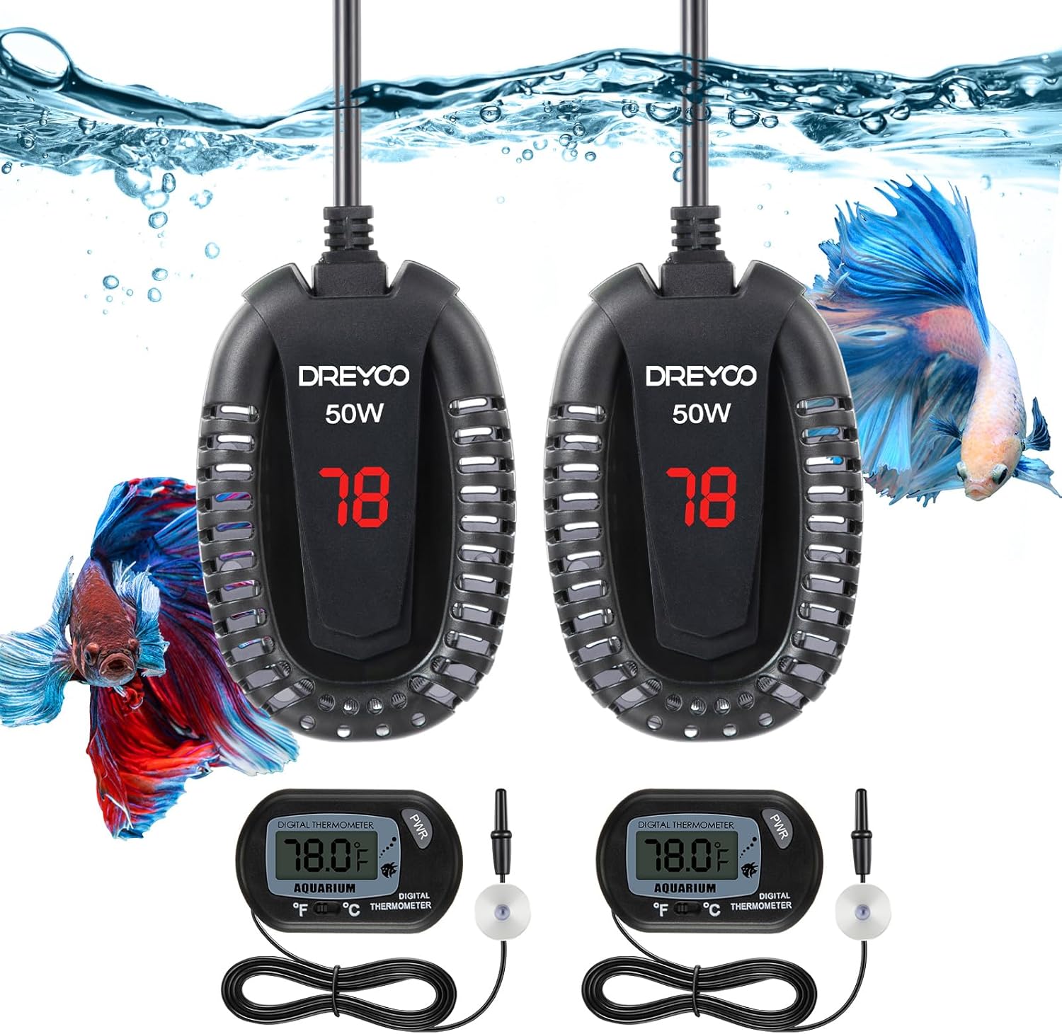 Paquete de 2 calentadores de acuario pequeños de 50 W, calentador sumergible para tanque de peces pequeños para calentador de tanque Betta Turtle de
