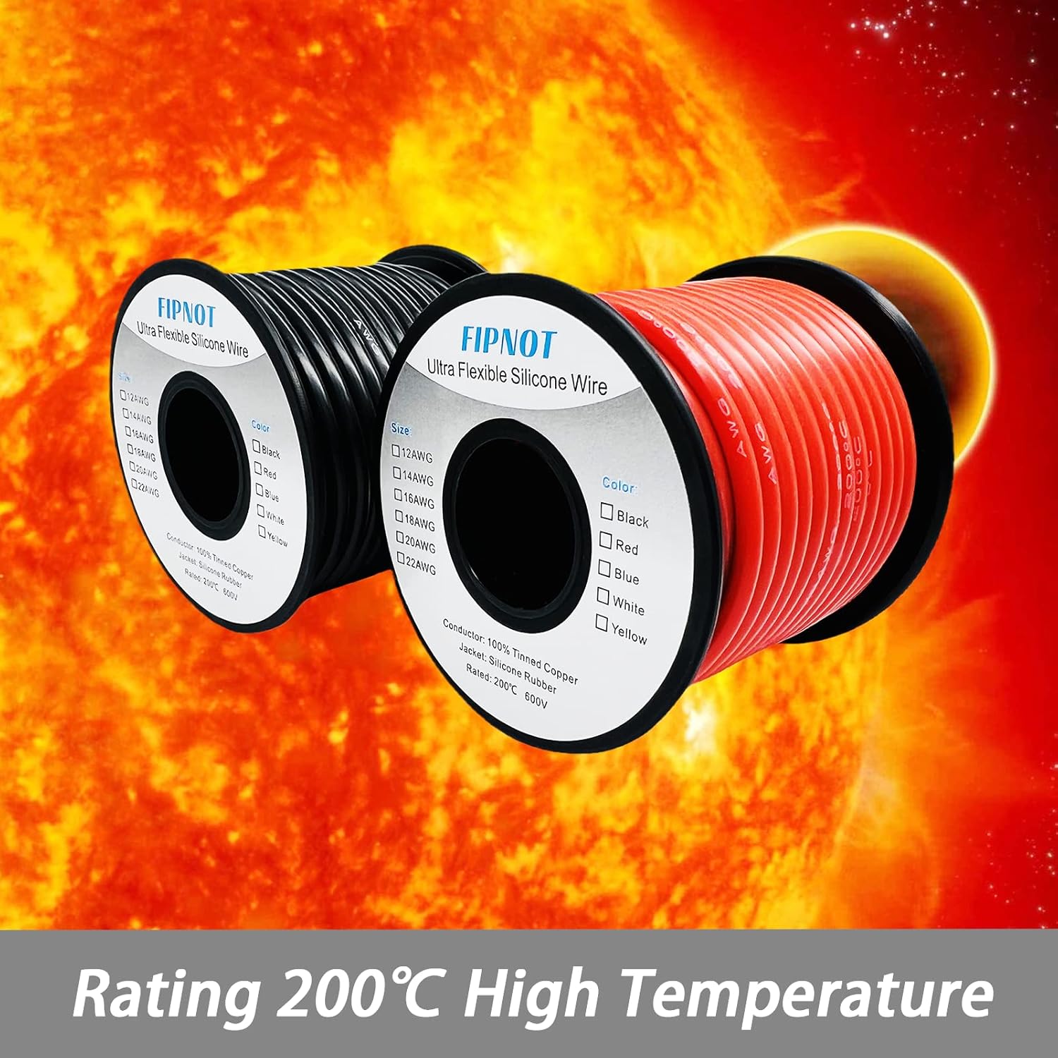 Cable de silicona calibre 14 AWG  Bobina negra de 100 pies, alambre de cobre estañado trenzado de 14 AWG extra flexible de 392.0 F 600 V