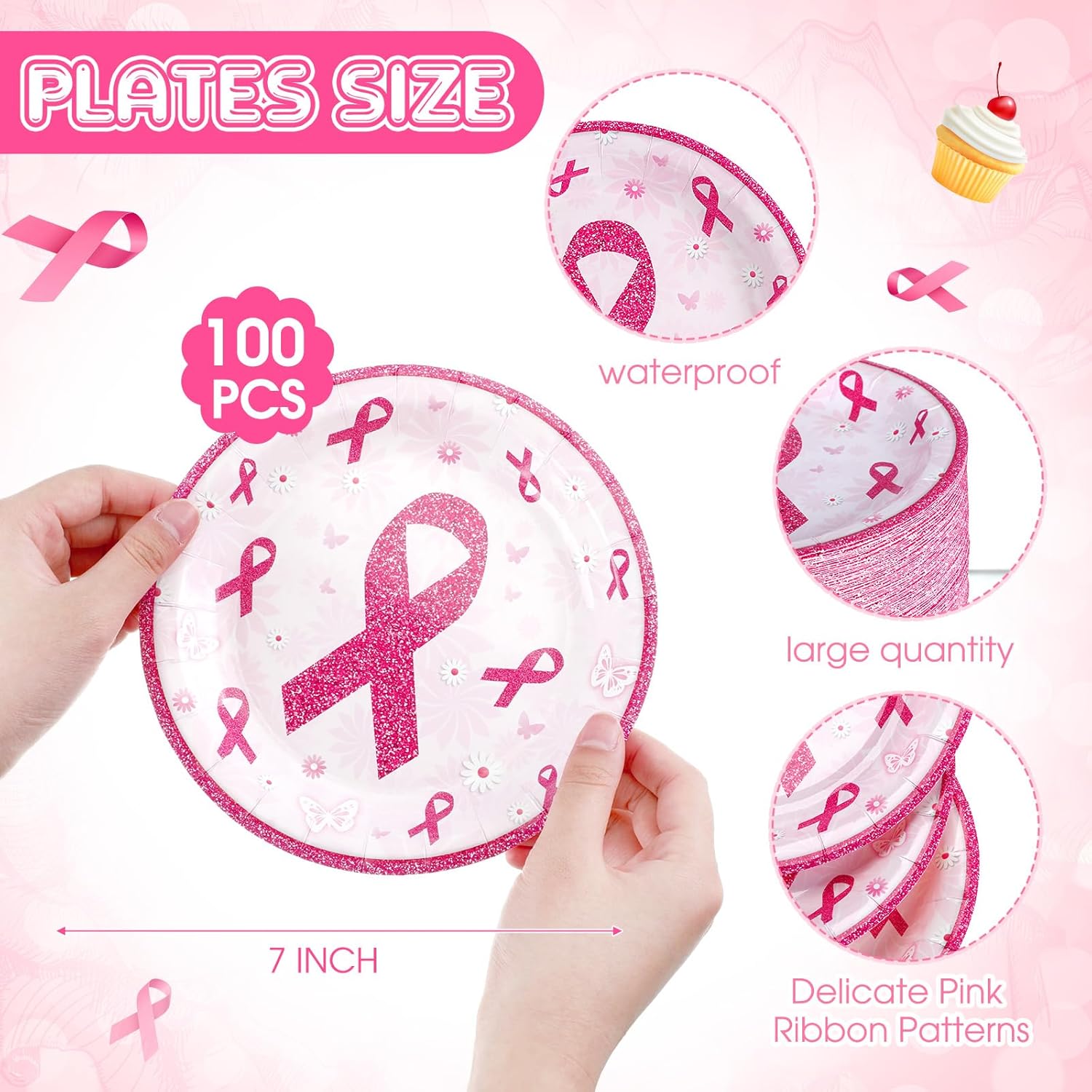 100 platos de papel de concientización sobre el cáncer de mama de 7 pulgadas, platos desechables rosados, redondos, decoraciones de cáncer de mama,