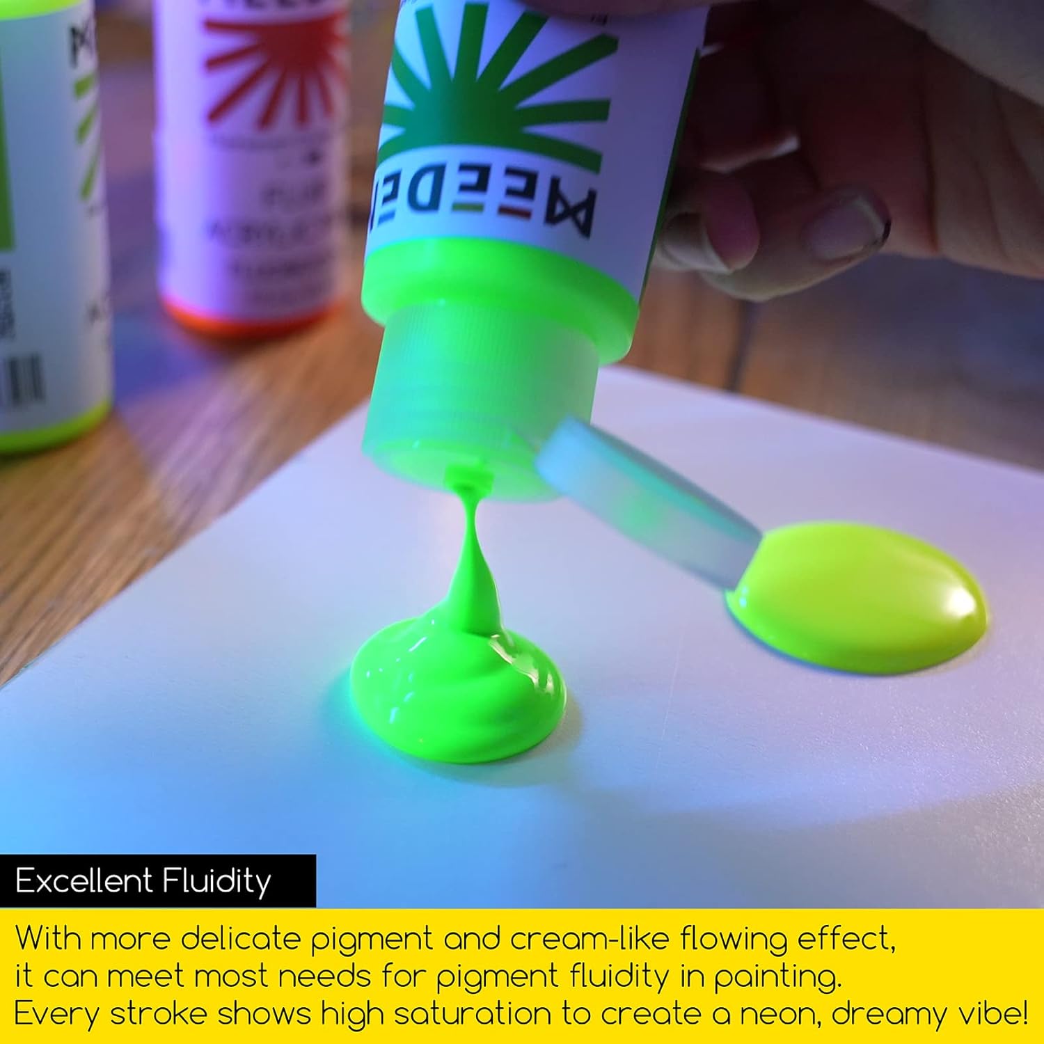 MEEDEN Juego de pintura acrílica fluorescente, 6 colores de alto flujo (2 onzas, 2.0 fl oz), acrílico líquido neón, pinturas que brillan en la