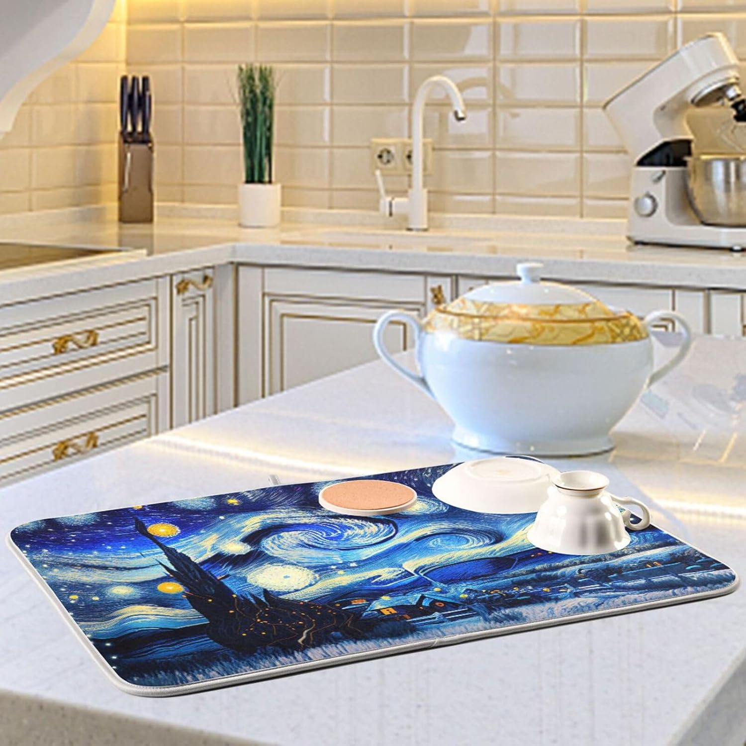 Tapete de secado nocturno de platos estilo Van Gogh para encimera de cocina, tapete escurridor de platos de microfibra, absorbente de secado rápido,