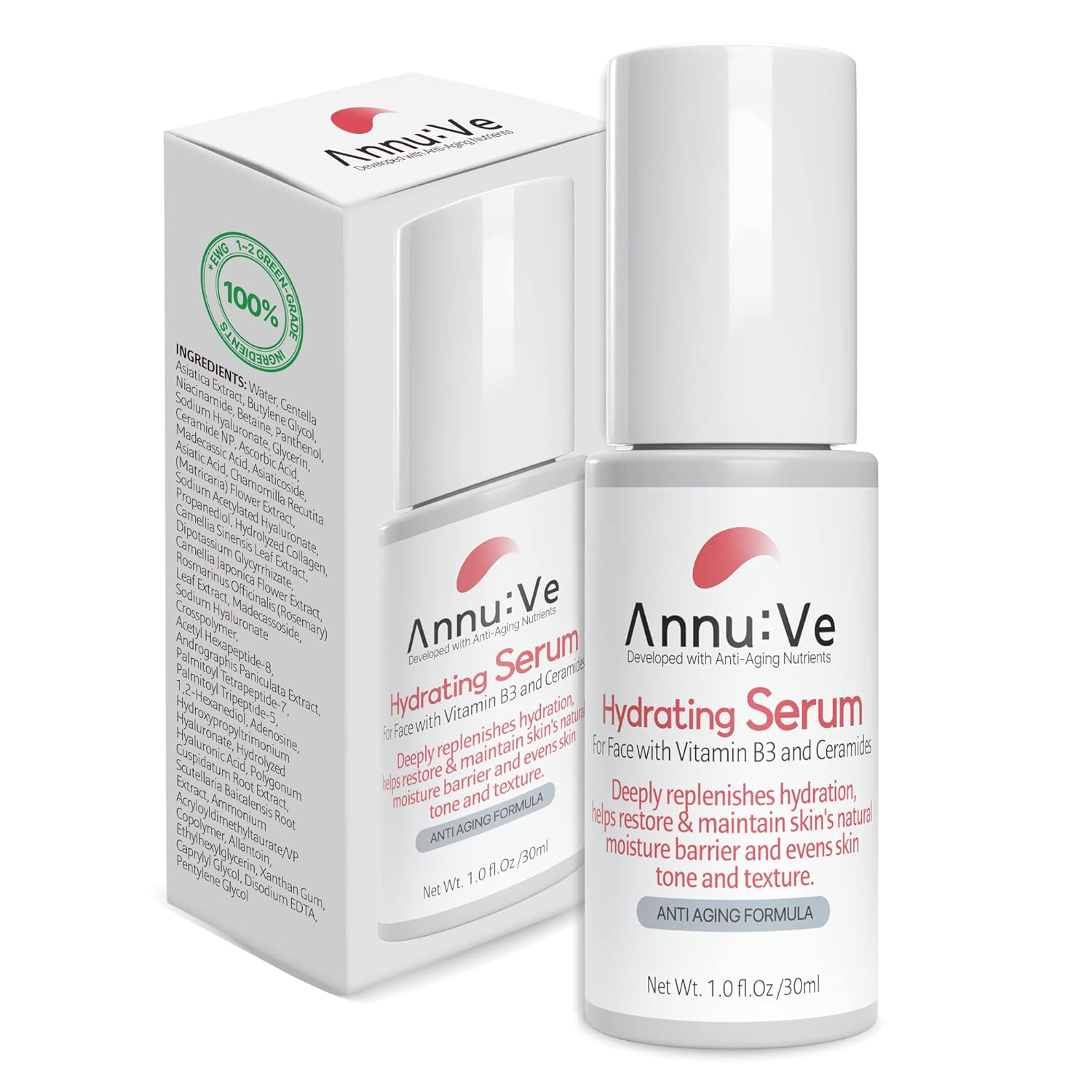 Suero hidratante de ácido hialurónico para la cara con vitamina B3 y ceramidas, 1.0 onzas líquidas