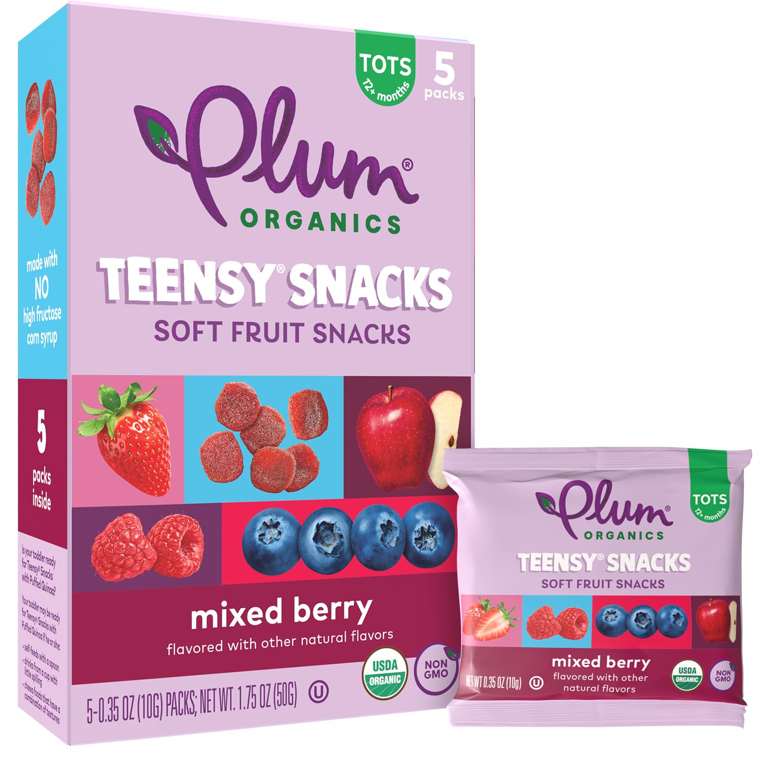 Plum Organics Teensy Snacks Snacks orgánicos de frutas para niños pequeños, bayas, bolsas de 1,75 onzas (caja de 8)