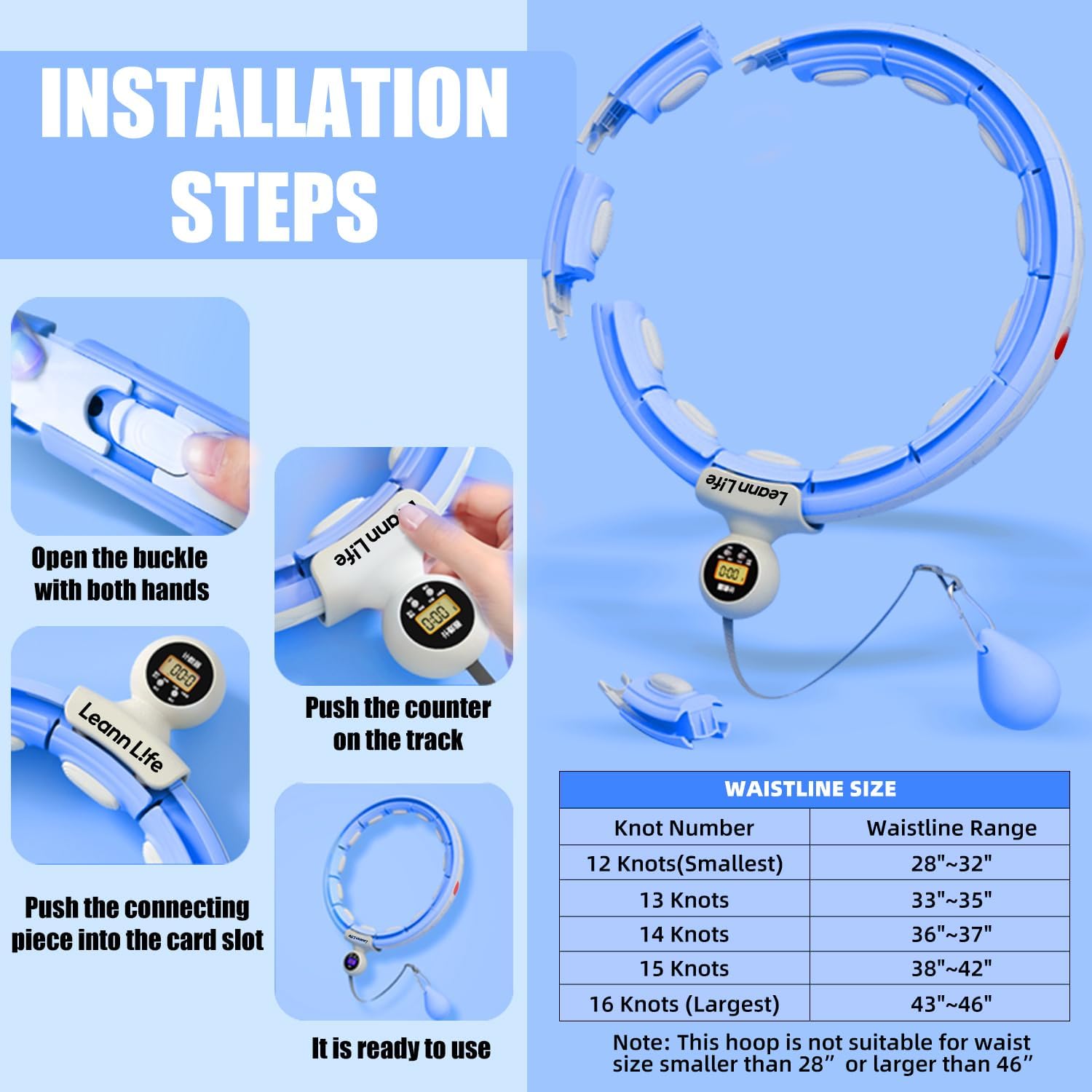 Leann L!fe U5-16 Knots Waist 28- 46, Silent Smart Weighted Hula Hoop for Adults Weight Loss, Infinity Hoop Plus Size, Home Outdoors Fitness
