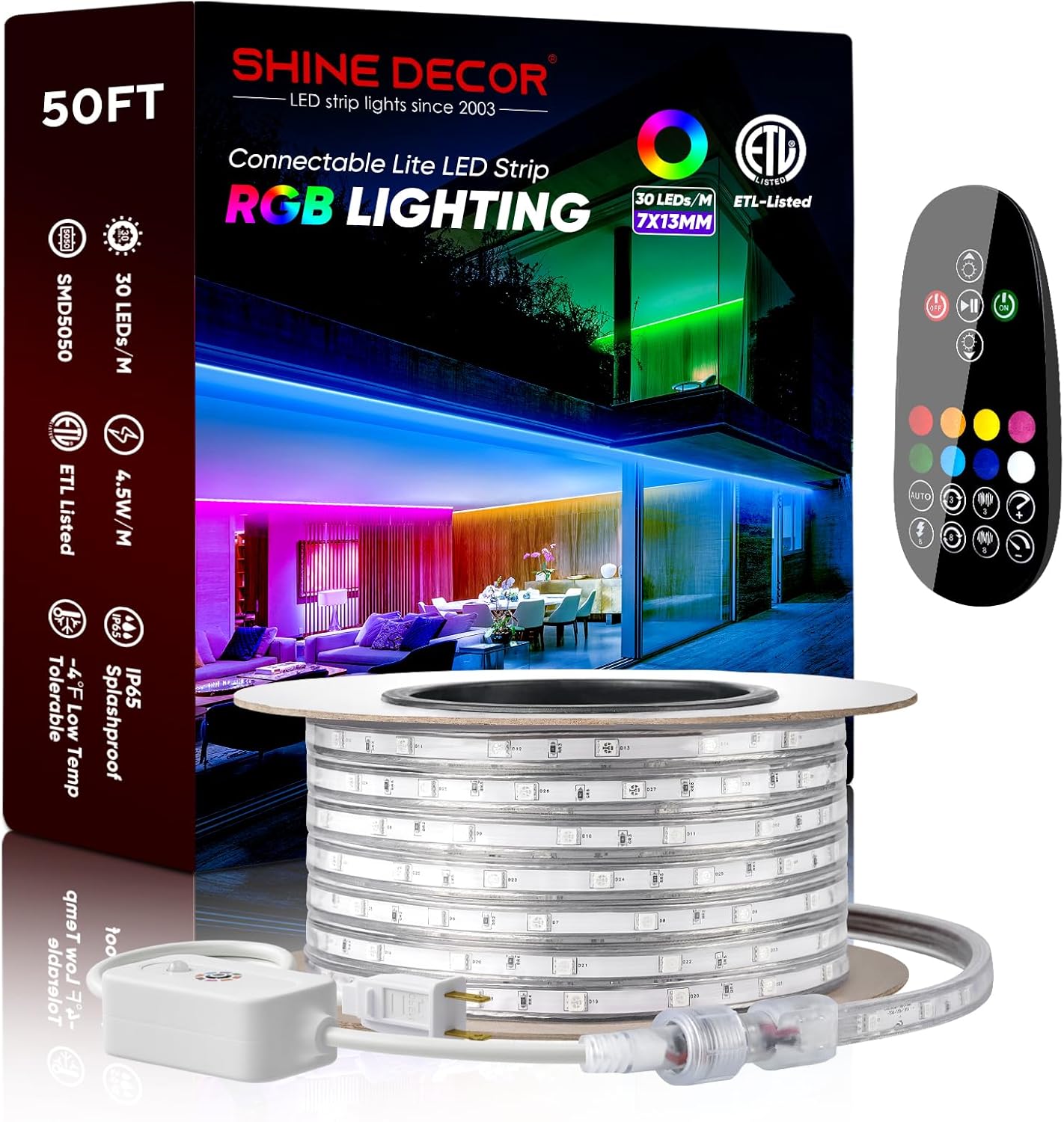 Shine Decor AC120V Lite – Tira LED RGB, 4F resistente al frío IP65, impermeable, control remoto, iluminación de tira multicolor, regulable de