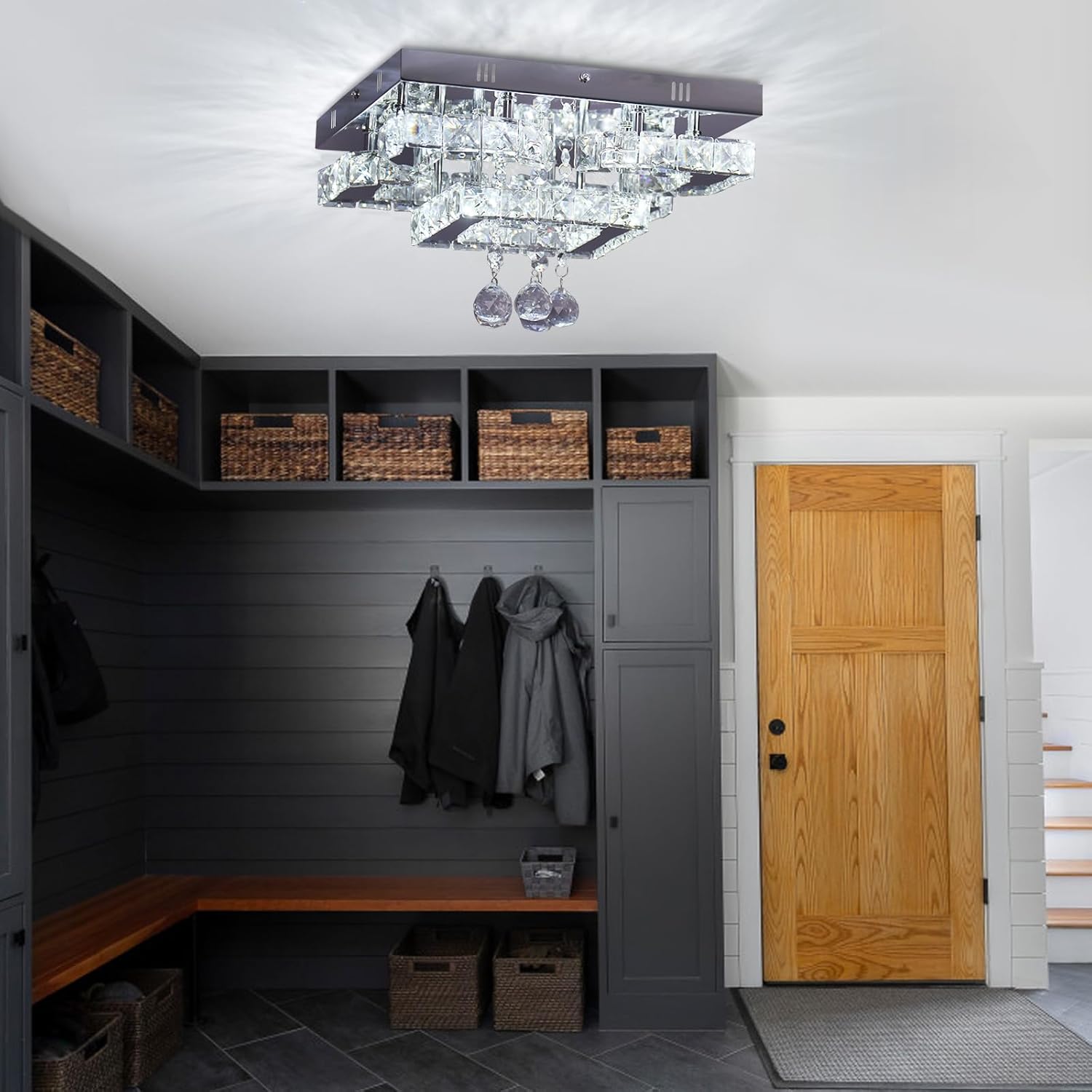 CXGLEAMING Lámpara LED moderna de cristal de 11.8 pulgadas, lámpara de techo empotrada, 4 pétalosbola de lluvia, lámpara cuadrada para dormitorio,