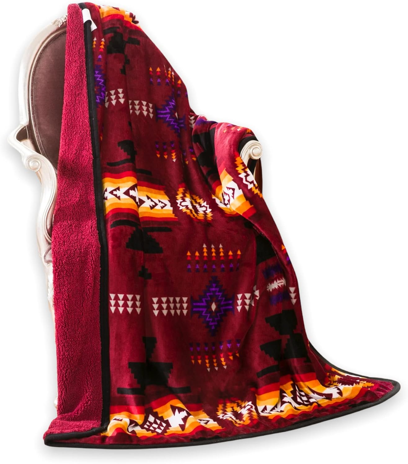 Southwest Design 16112 Manta con forro de sherpa (estampado navajo), color burdeos