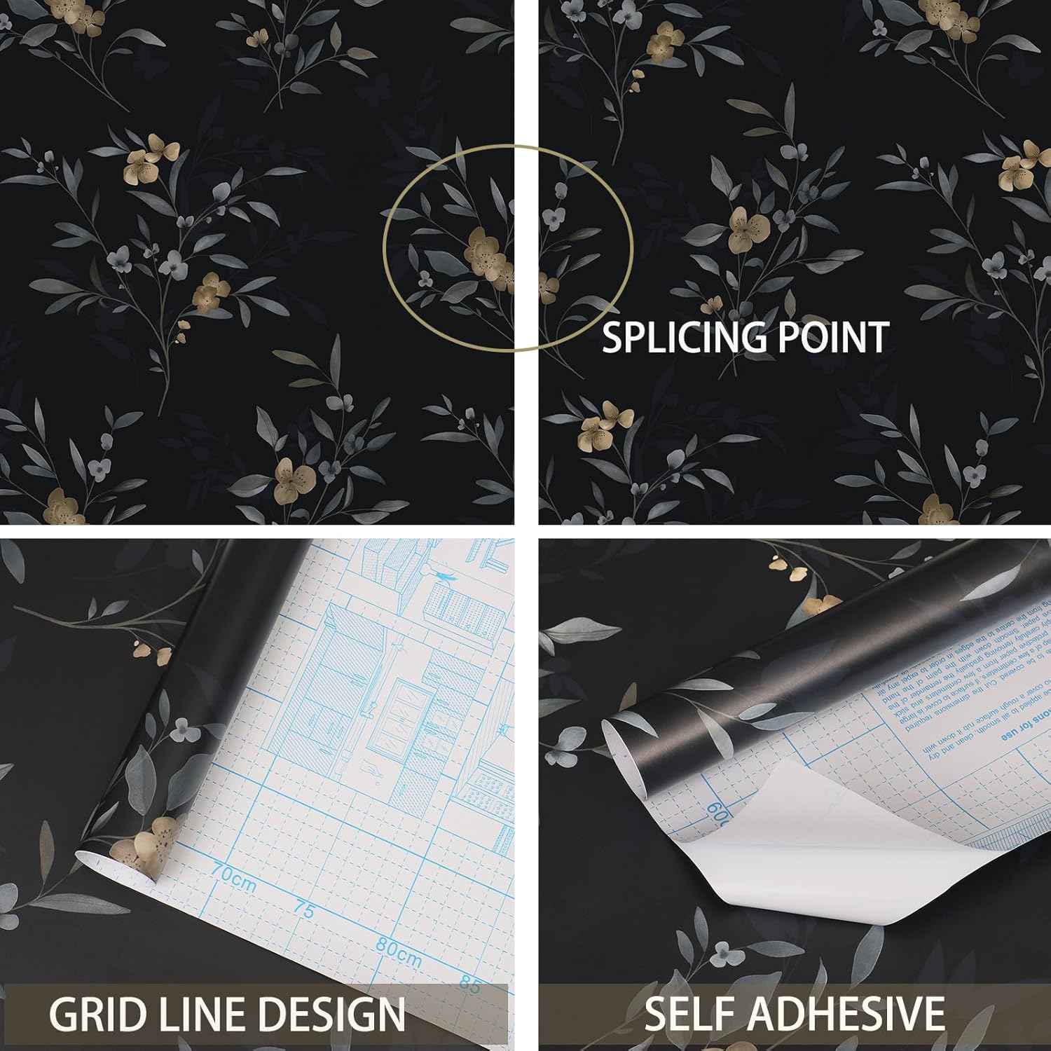 Papel tapiz floral oscuro, papel tapiz de hojas negras, papel de contacto con flores doradas, papel autoadhesivo extraíble, impermeable, papel de