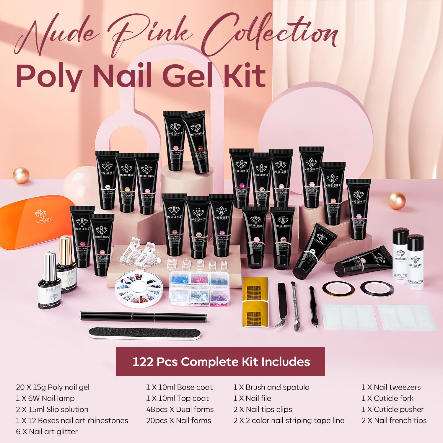 modelones Kit de iniciación de uñas de gel de poligel, 20 colores nude rosa purpurina con lámpara de uñas, kit completo de extensión de uñas,