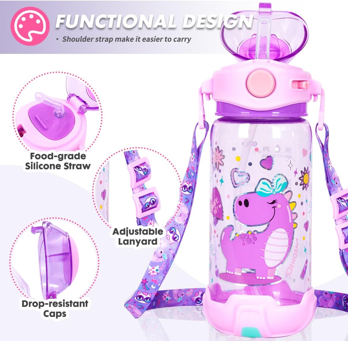 Botella de agua para niños con popote, para la escuela, niños y niñas, botella de agua potable de 22 onzas sin BPA, apertura de un solo clic, tapa