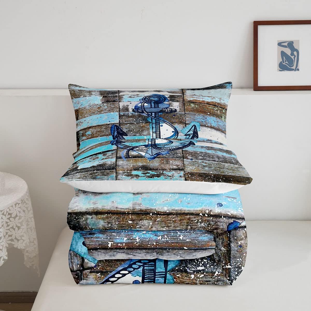 Navigation Anchor – Juego de edredón de 2 piezas, tamaño individual, ropa de cama con temática oceánica azul, regalo para niños y niñas, dormitorio