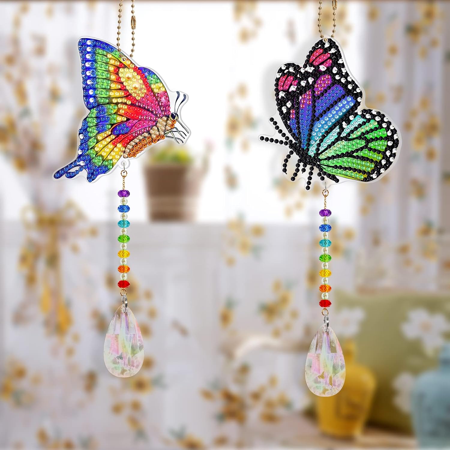 DIY – Juego de 2 piezas de pintura de diamantes de mariposa colorida 5D para adultos, arte de diamantes de mariposa de cristal, adorno colgante para