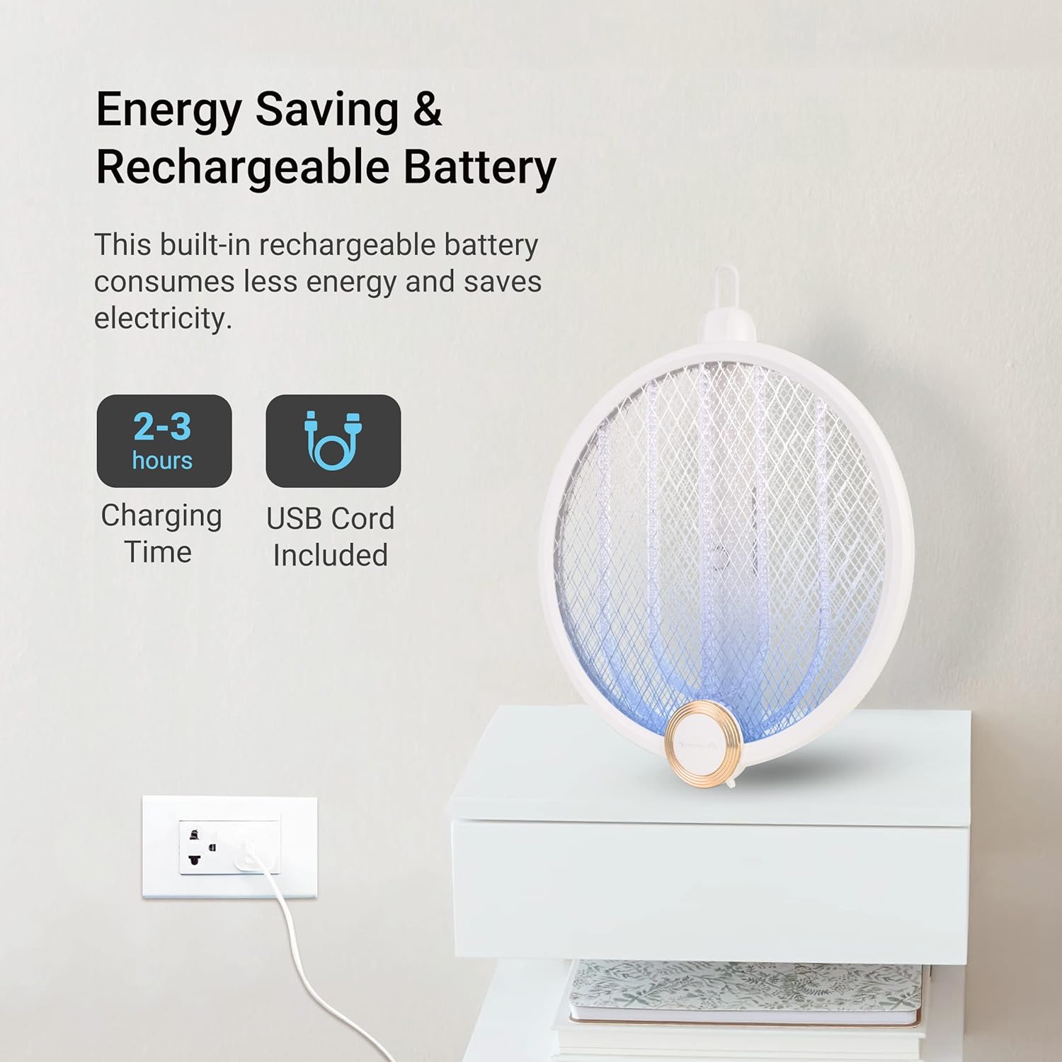 Aspectek Matamoscas eléctrico mejorado de 3000 V para interiores y exteriores, portátil, plegable, recargable con duración de batería mejorada,