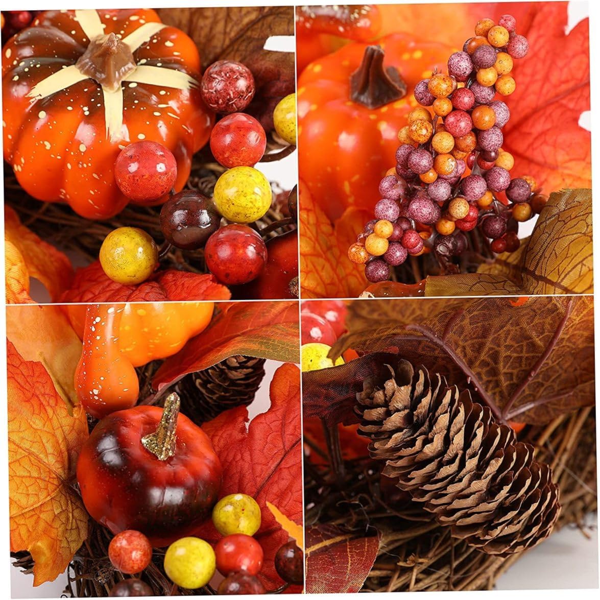 Corona de otoño de Acción de Gracias para puerta delantera, corona de cosecha de otoño con calabaza, hoja de arce, piña, baya para Navidad, otoño,