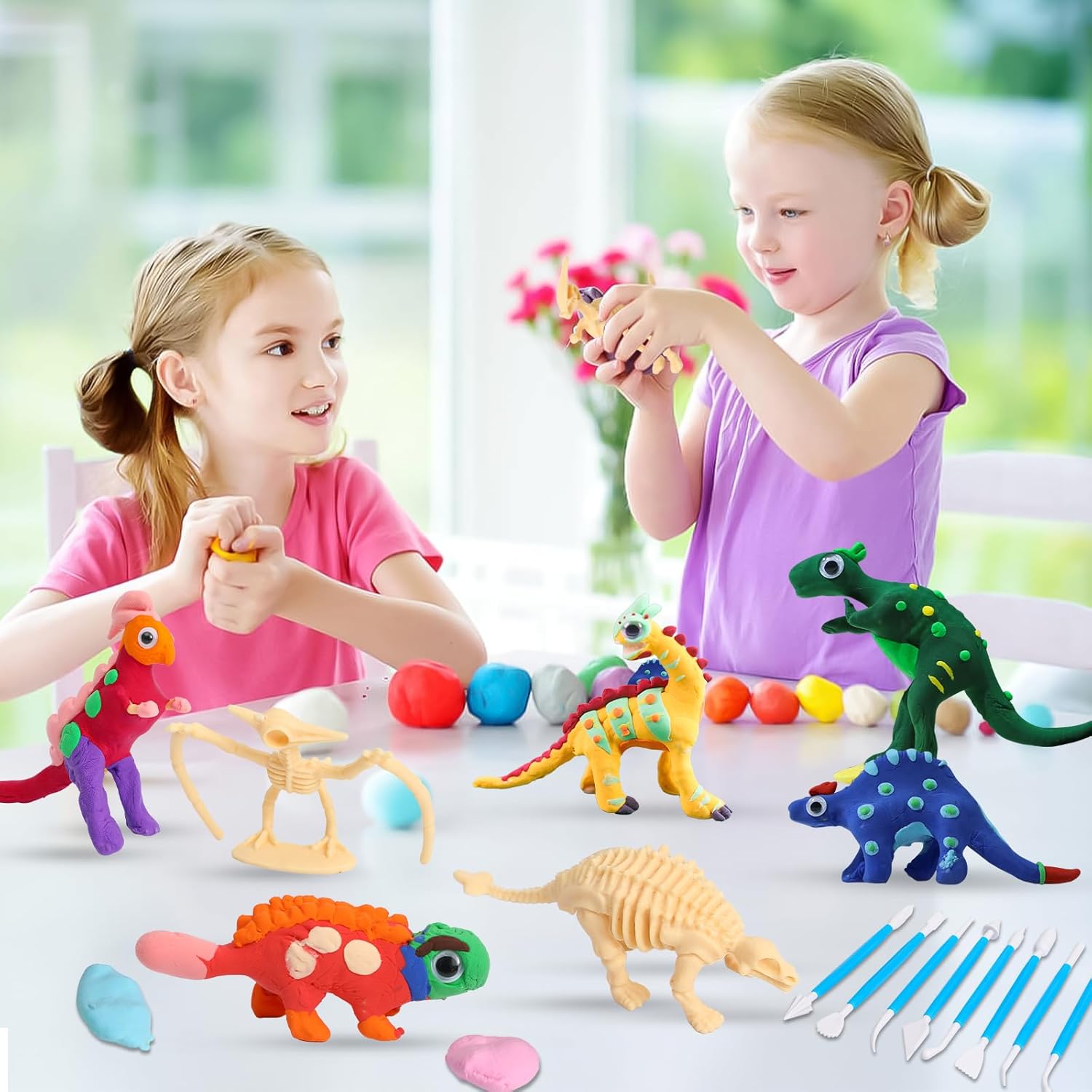 Sense&Play Kit de manualidades de dinosaurio de arcilla seca al aire para niños, crea con 6 esqueletos de dinosaurio, juguete educativo STEM – Juego