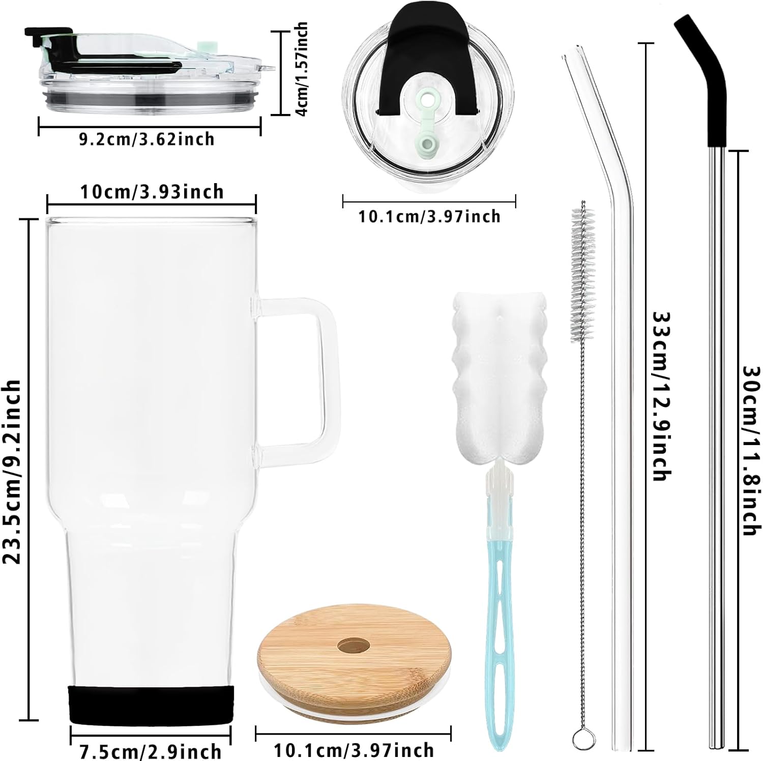 Vaso de vidrio con tapa y popotes, taza de vidrio de gran capacidad de 40 onzas con asa, vasos para beber con posavasos de silicona, taza de agua de