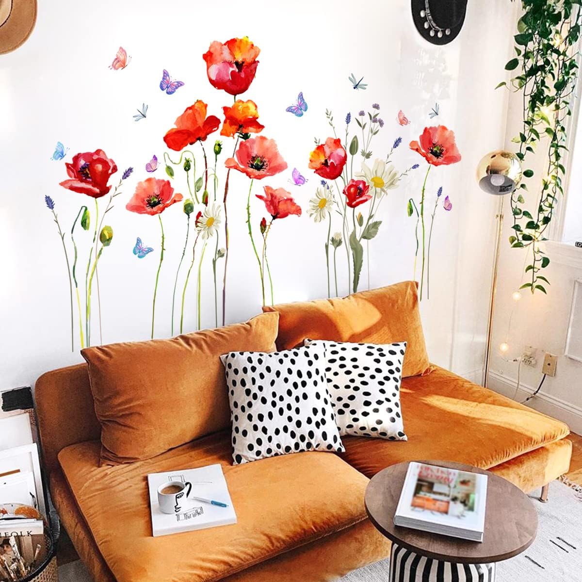 Calcomanías de pared de flores de amapola roja, margaritas florales y mariposas, calcomanías de pared para bricolaje, hojas verdes, plantas y