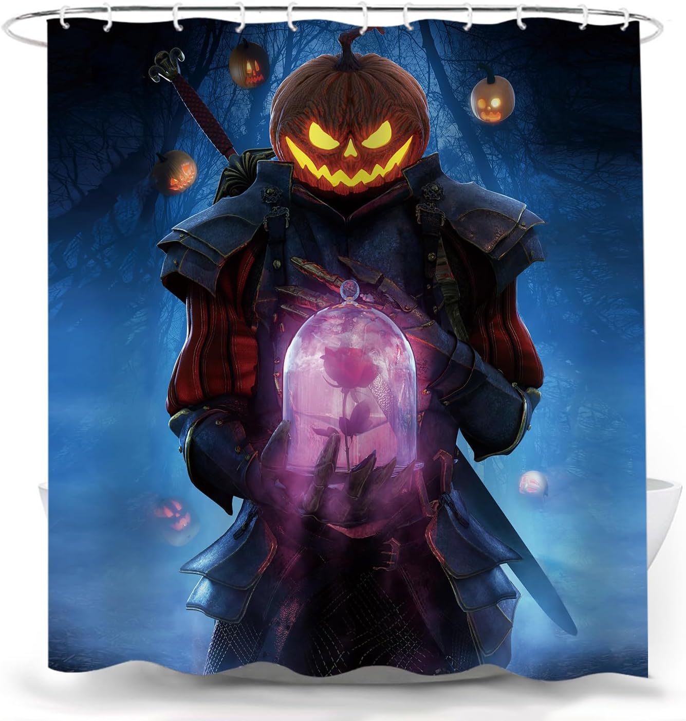Cortina de ducha con diseño de caballero de calabaza, 72 x 72 pulgadas, diseño de caballero con forma de rosa en bosque brumoso, decoración de baño,