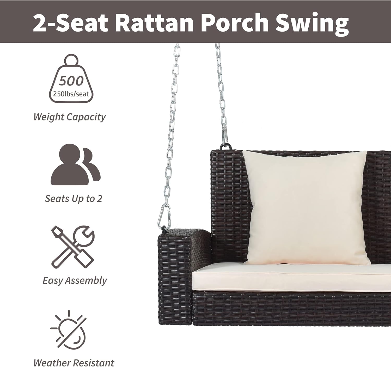 Silla columpio para patio al aire libre para 2 personas con cadenas de acero, sofá biplaza colgante tejido de ratán al aire libre con cojín y