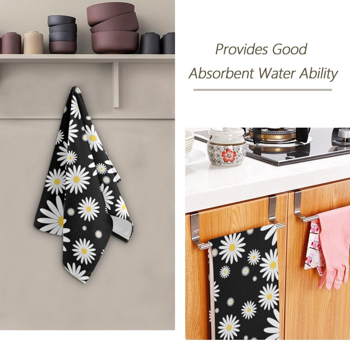 Juego de 2 toallas de mano de flores de margaritas para baño, lindo fondo negro, estampado floral, suave, pequeño, juego de toallas de baño