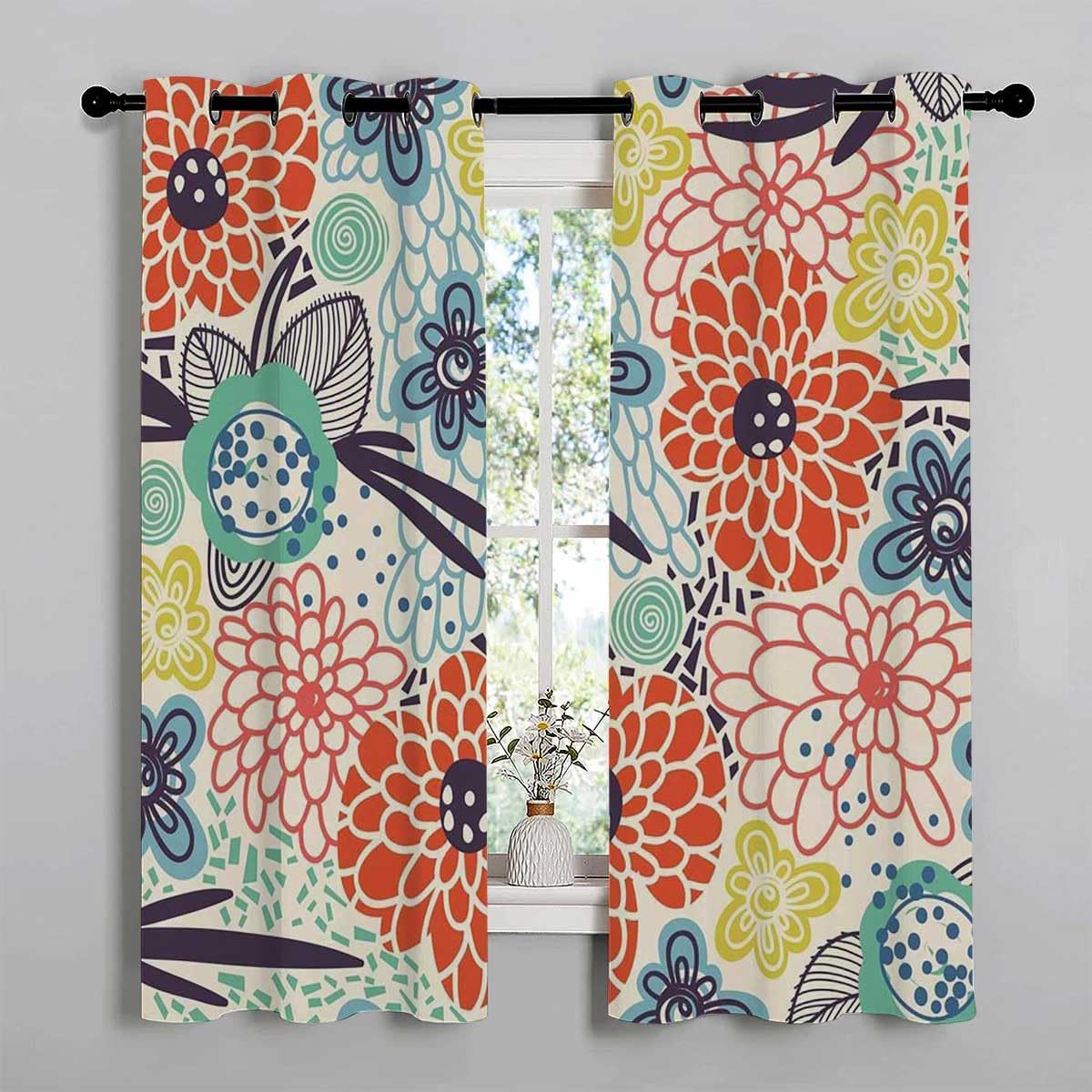 YANFENQI Cortina para Dividir Habitacion Retro Floral Graffiti con ojales para puerta corta, cortinas currains de 55 pulgadas de ancho por 45