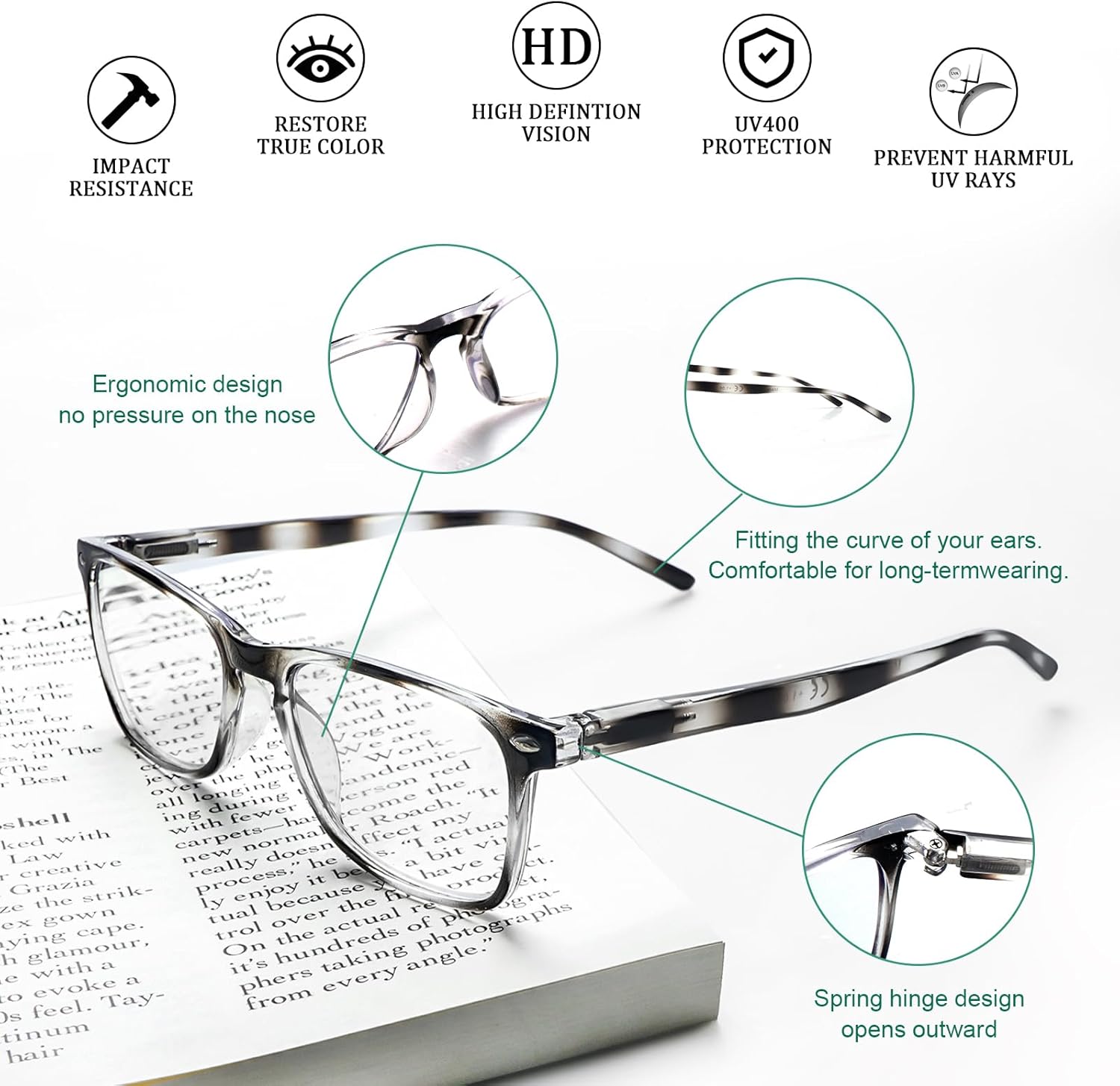 VIDEBLA Gafas de lectura para mujer, paquete de 6 unidades, con bloqueo de luz azul, bisagra de resorte, patrón ligero, con estampado para mujeres y