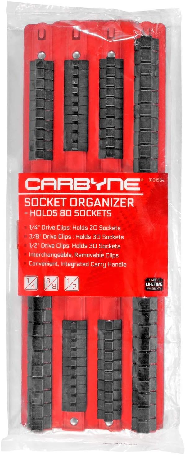 CARBYNE Bandeja organizadora de 80 piezas, se adapta a enchufes de 14 pulgadas, 38 pulgadas, 12 pulgadas, riel de enchufe resistente, rieles rojos