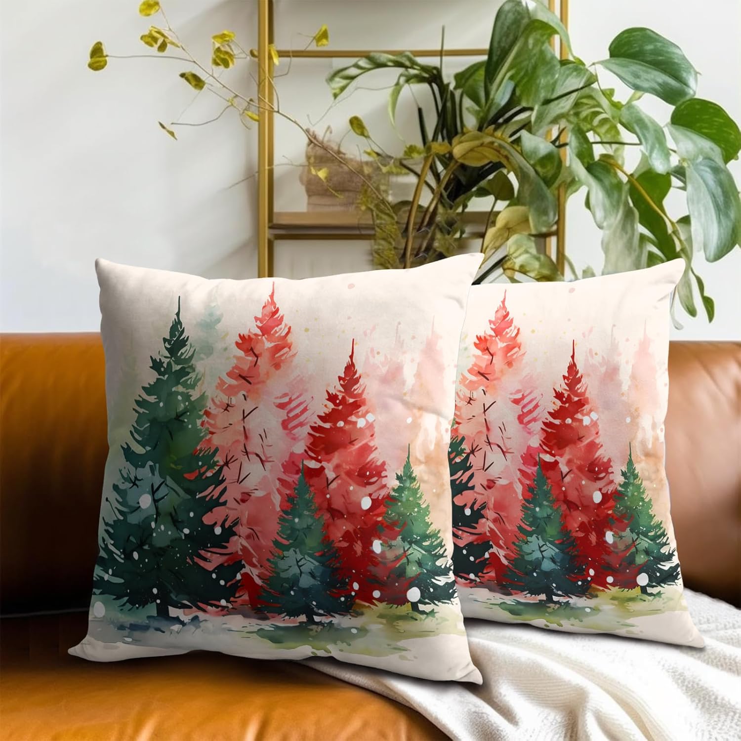 Juego de 2 fundas de almohada con diseño de acuarela para árbol de Navidad, color rojo y verde, para decoración del hogar, sofá, cama, 16 x 16