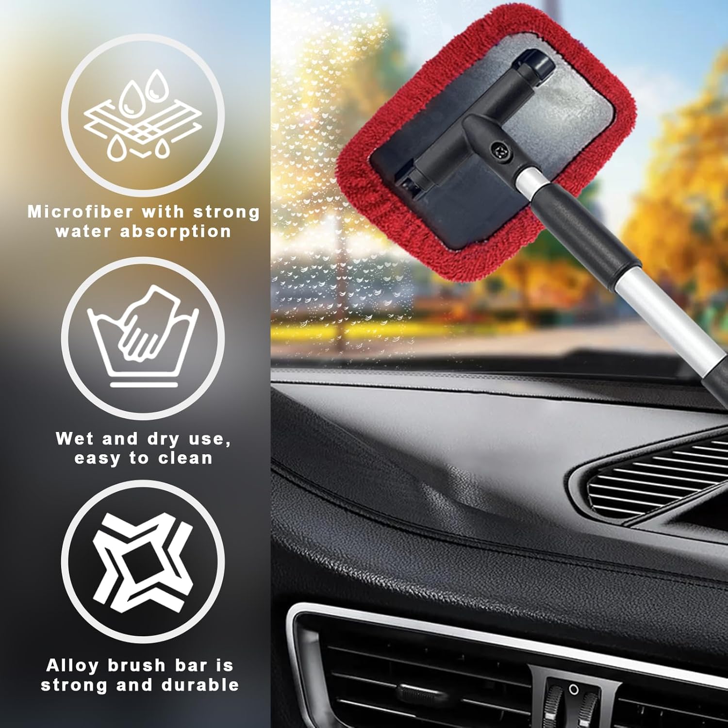 Limpiador de parabrisas de automóvil, limpiaparabrisas de microfibra con mango extensible de aluminio y 2 cabezales de almohadilla de tela lavables