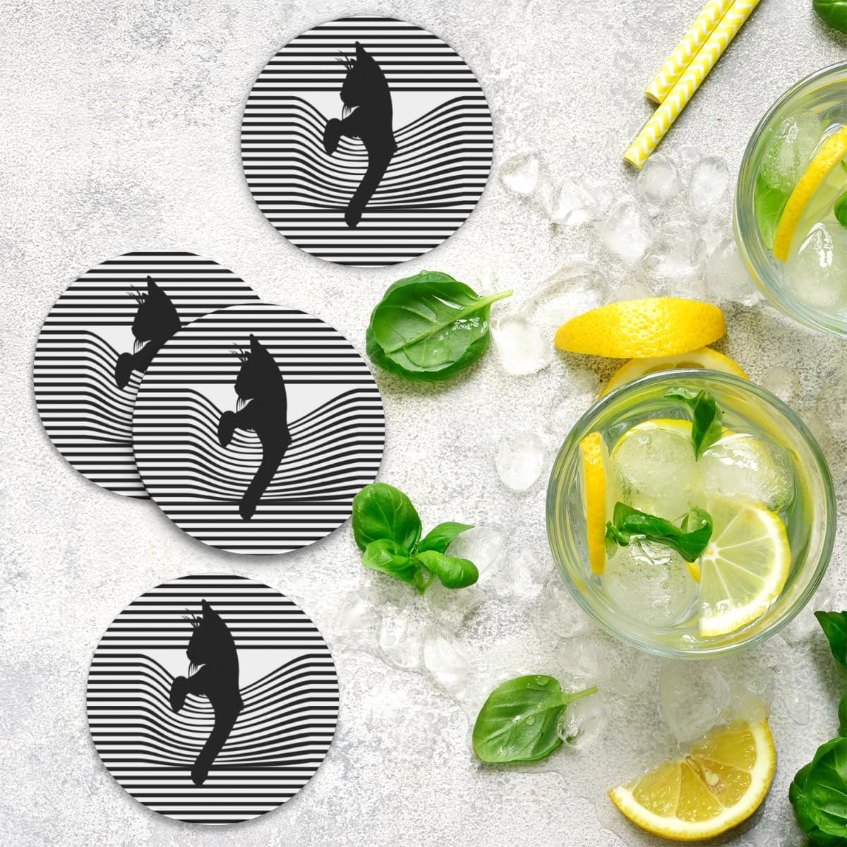 Posavasos para bebidas absorbentes a rayas para gatos, posavasos de cerámica para mesas de comedor, inauguración de la casa y decoración de