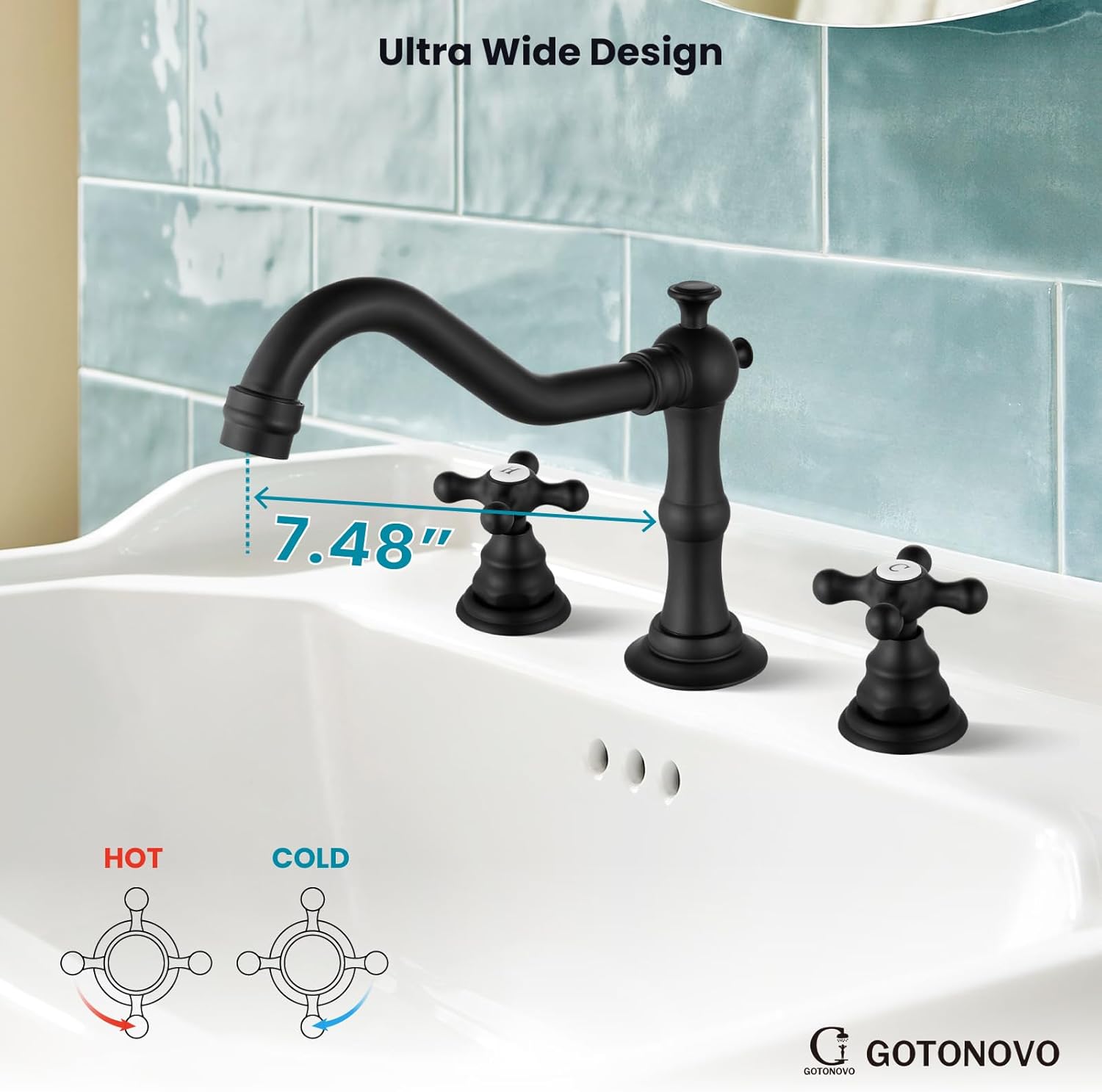 gotonovo Grifo de lavabo de baño negro mate de 3 agujeros con desagüe emergente de dos manijas extendidas de doble cruz pomos mezcladores montaje en