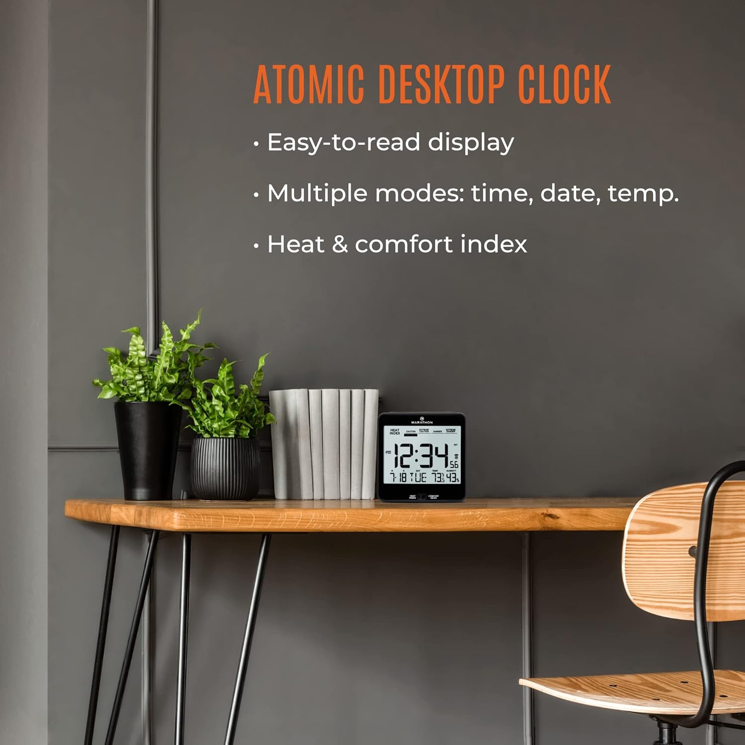 Reloj de mesa de noche Marathon, automático con luz, con índice de calor y comodidad, incluye baterías Negro