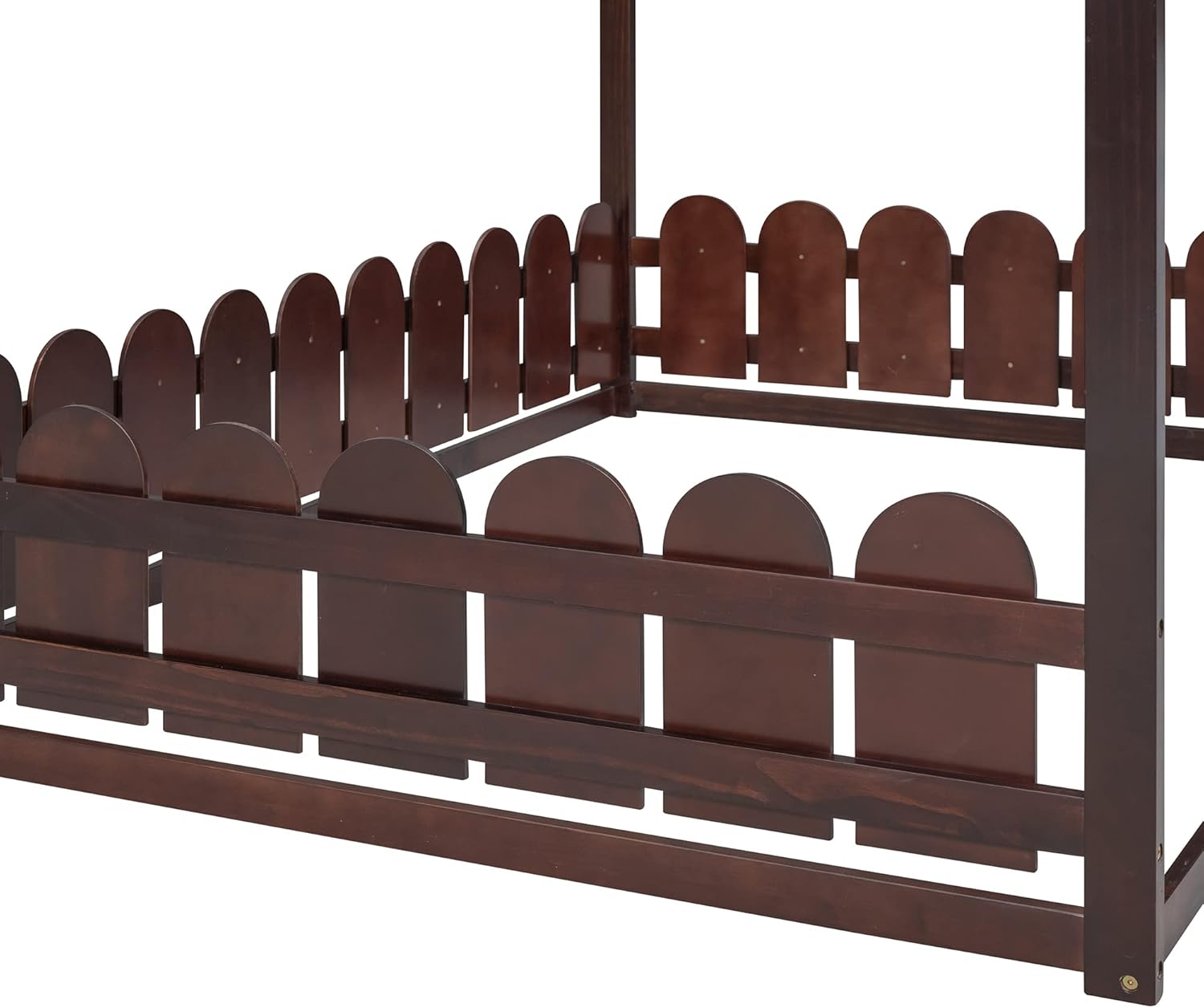 Montessori – Base de cama de tamaño matrimonialcasa, cama de piso para niños, cama de piso Montessori con valla, puerta y chimenea, color espresso