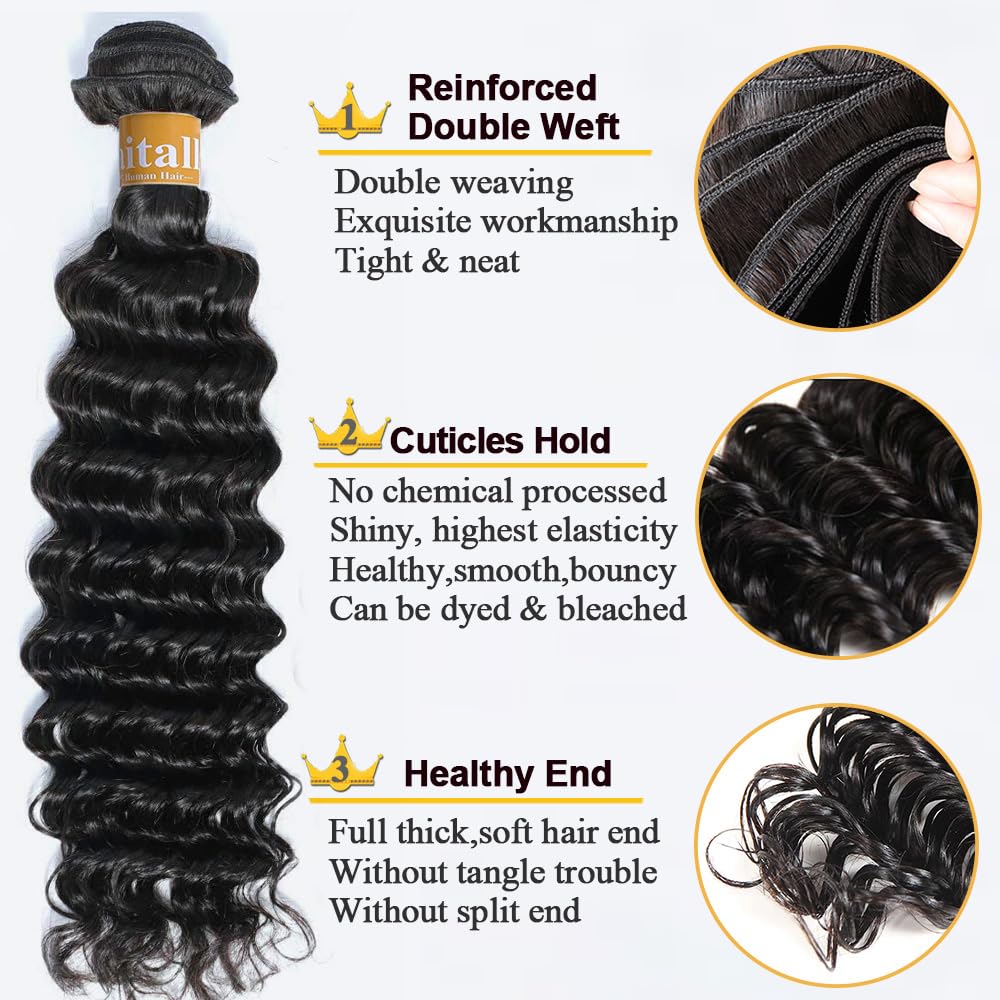 1 paquete de cabello humano virgen brasileño 100% sin procesar, 10A, cabello humano rizado profundo, ondulado, 20 pulgadas, color negro natural