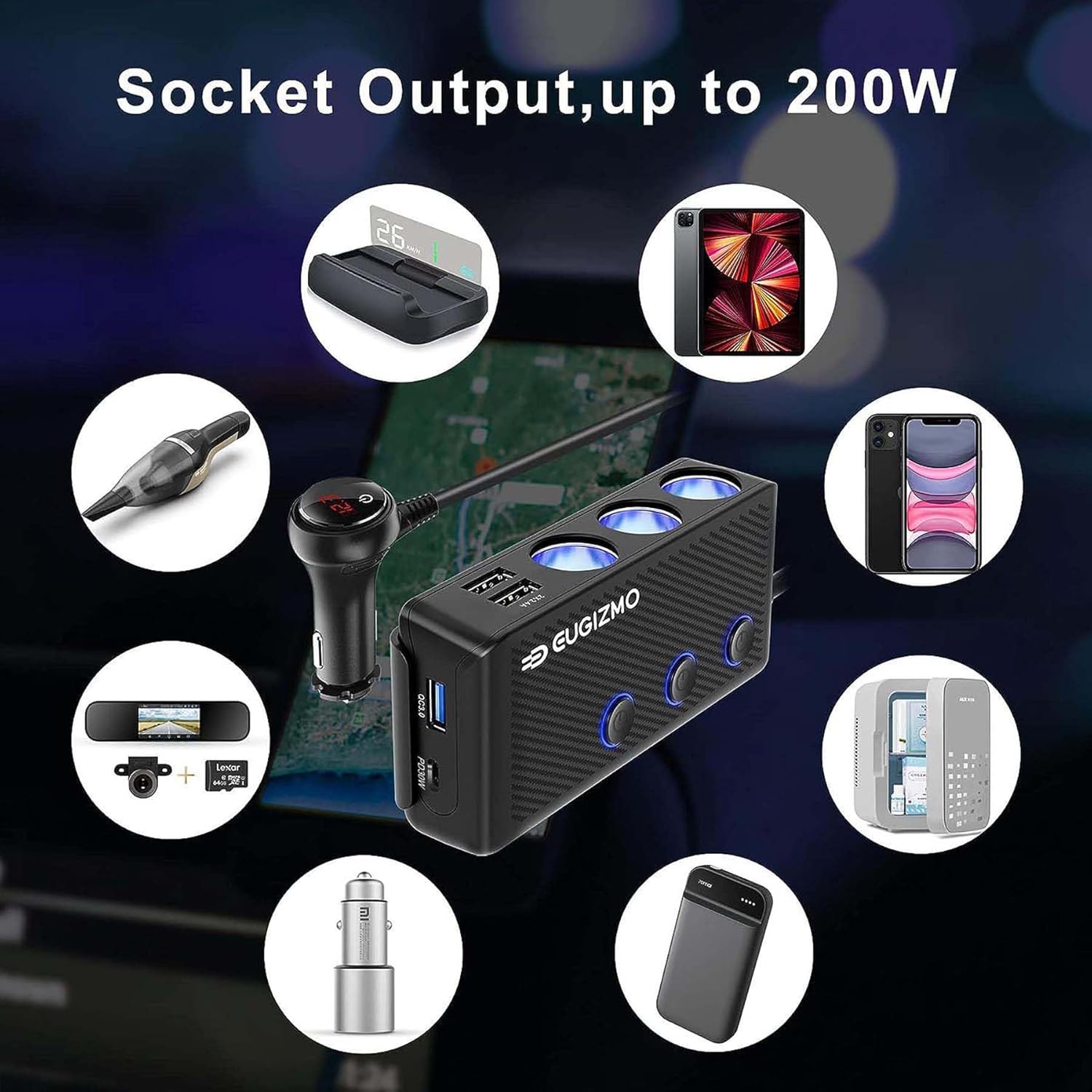Divisor de enchufe para encendedor de cigarrillos, 3 zócalos de 200 W, adaptador de encendedor de cigarrillos USB, cable de extensión de cargador