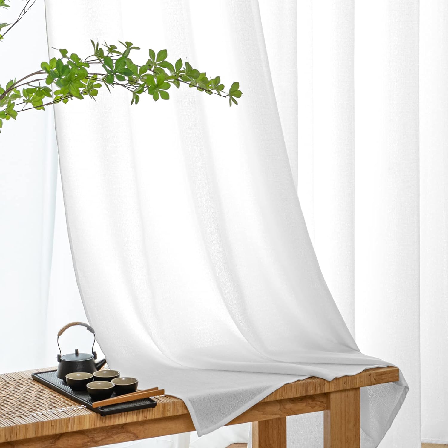MIULEE Cortinas de lino sintético de 90 pulgadas de largo, cortinas semitransparentes blancas con bolsillo para barra, pestaña trasera, cortinas de