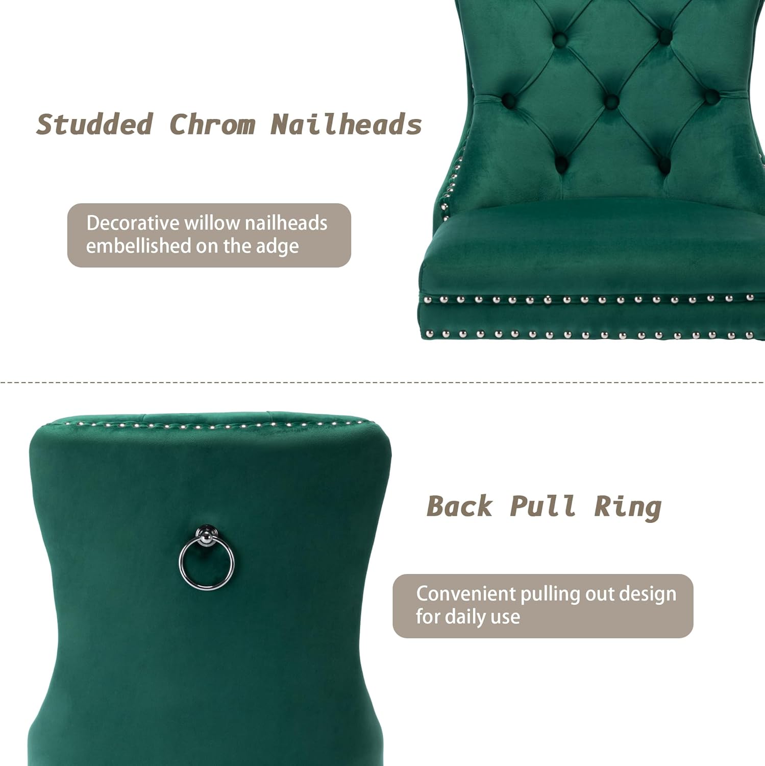 KCC Nikki Collection – Juego de 2 sillas de comedor de terciopelo tapizadas de alta gama con anillo trasero de clavo, patas de madera maciza, estilo