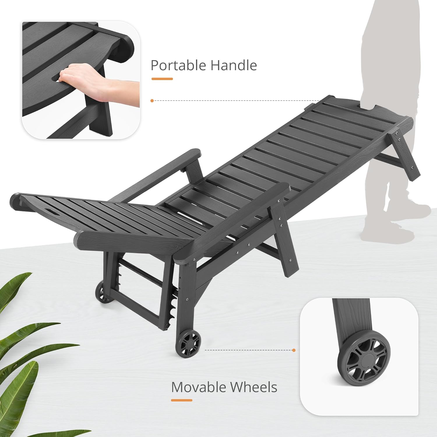 LUE BONA Tumbona para exteriores, material HDPS, silla de patio con respaldo ajustable, sillas de piscina de resina con ruedas para exteriores,