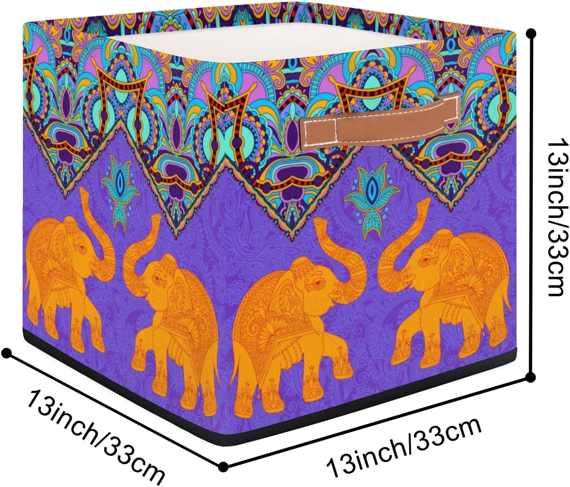 Cesta de almacenamiento plegable de tela con diseño vintage de dos elefantes, 13 x 13 x 13 pulgadas, cubos cuadrados con asas para el hogar, sala de
