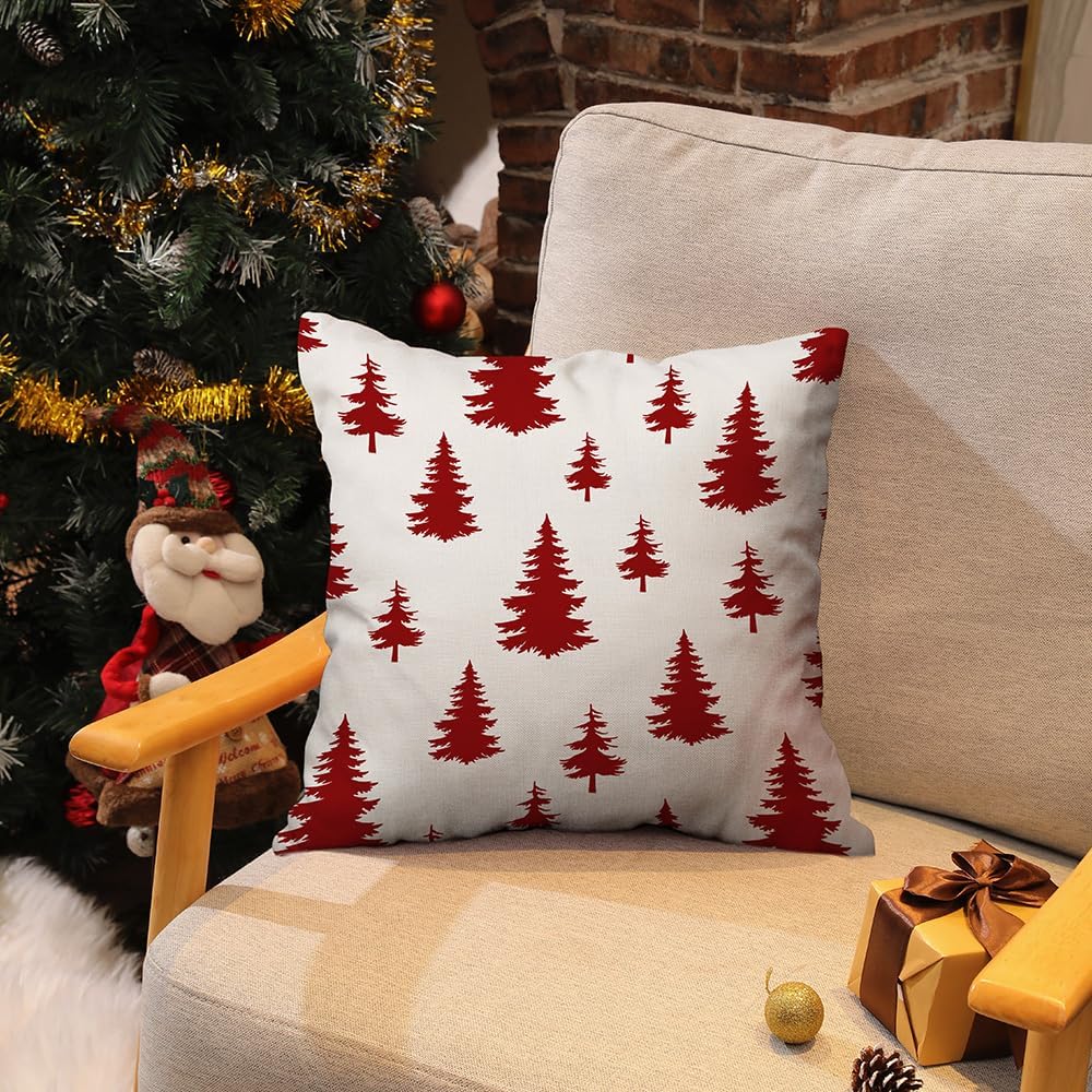 DFXSZ Juego de 2 fundas de almohada de Navidad de 18 x 18 pulgadas, color rojo, decoración de árbol de Navidad blanco, decoración de Navidad para el
