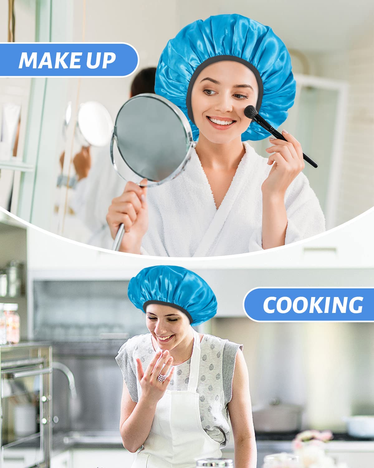 Keeygo Gorros de ducha con forro de rizo, gorro de ducha grande de triple capa para mujer, gorros de ducha reutilizables para cabello largo y grueso
