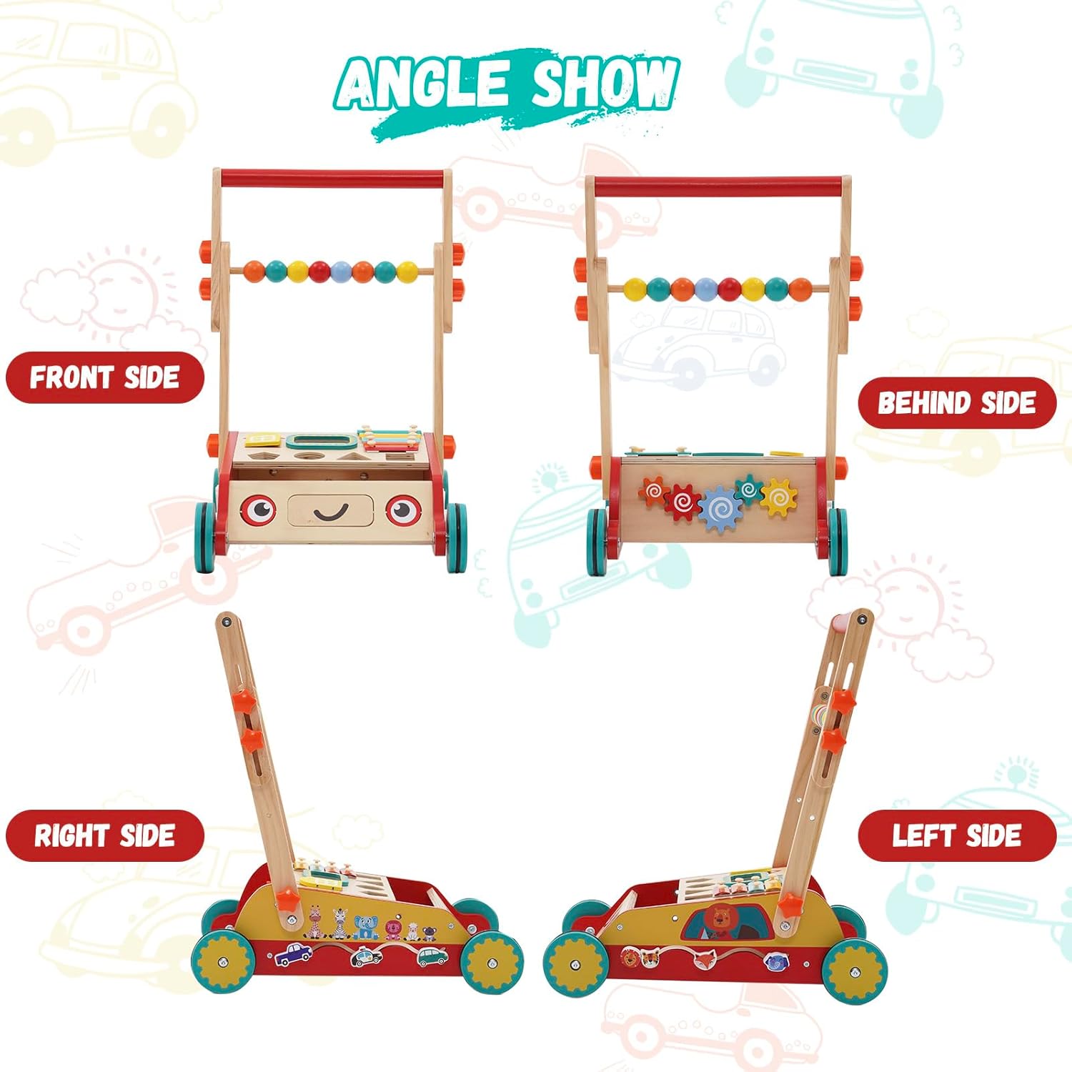 Andador de madera para bebés con centro de actividades de entretenimiento múltiple, caminadores de aprendizaje sentado a pie para niños de 9 meses y