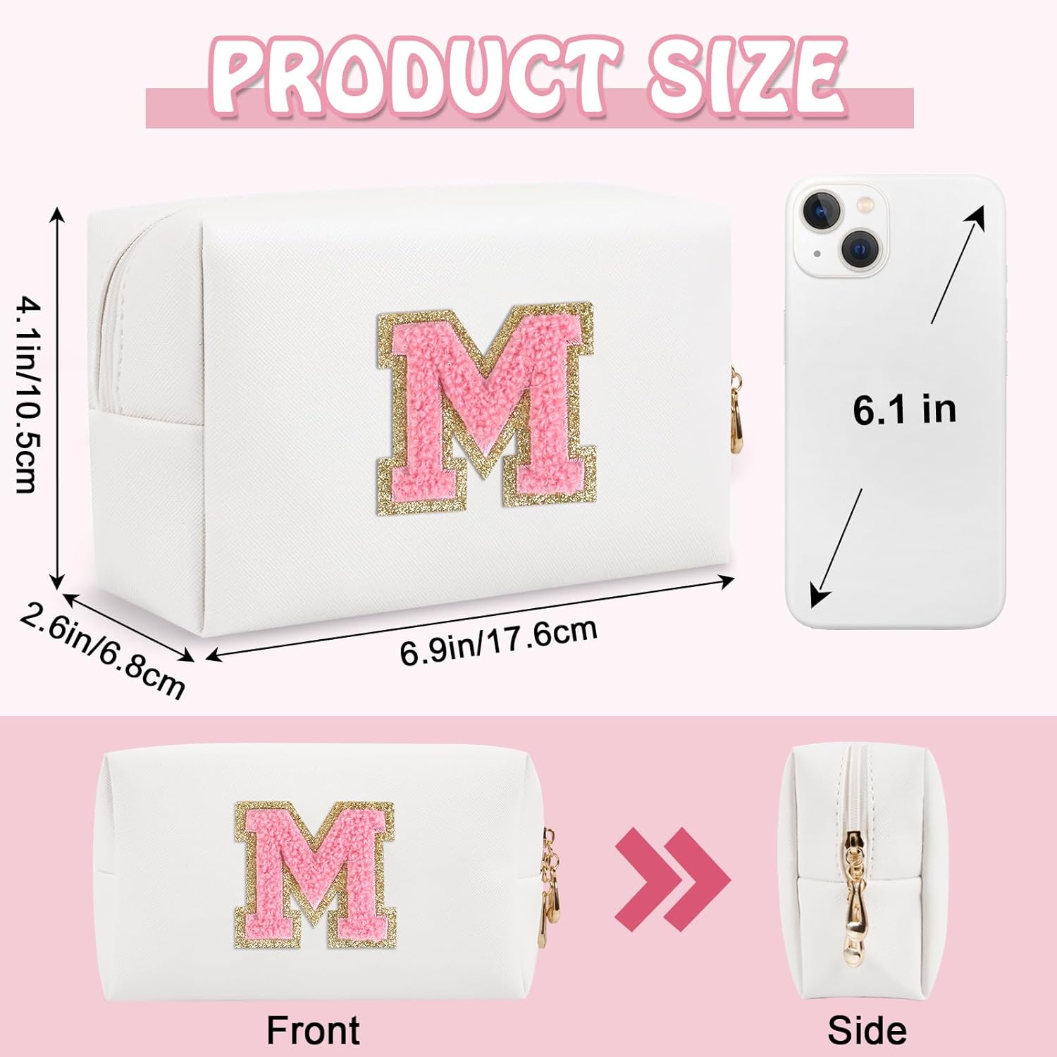 Biileen Bolsa de maquillaje preppy inicial personalizada Pequeña bolsa de carta de chenilla de viaje linda, blanco-1
