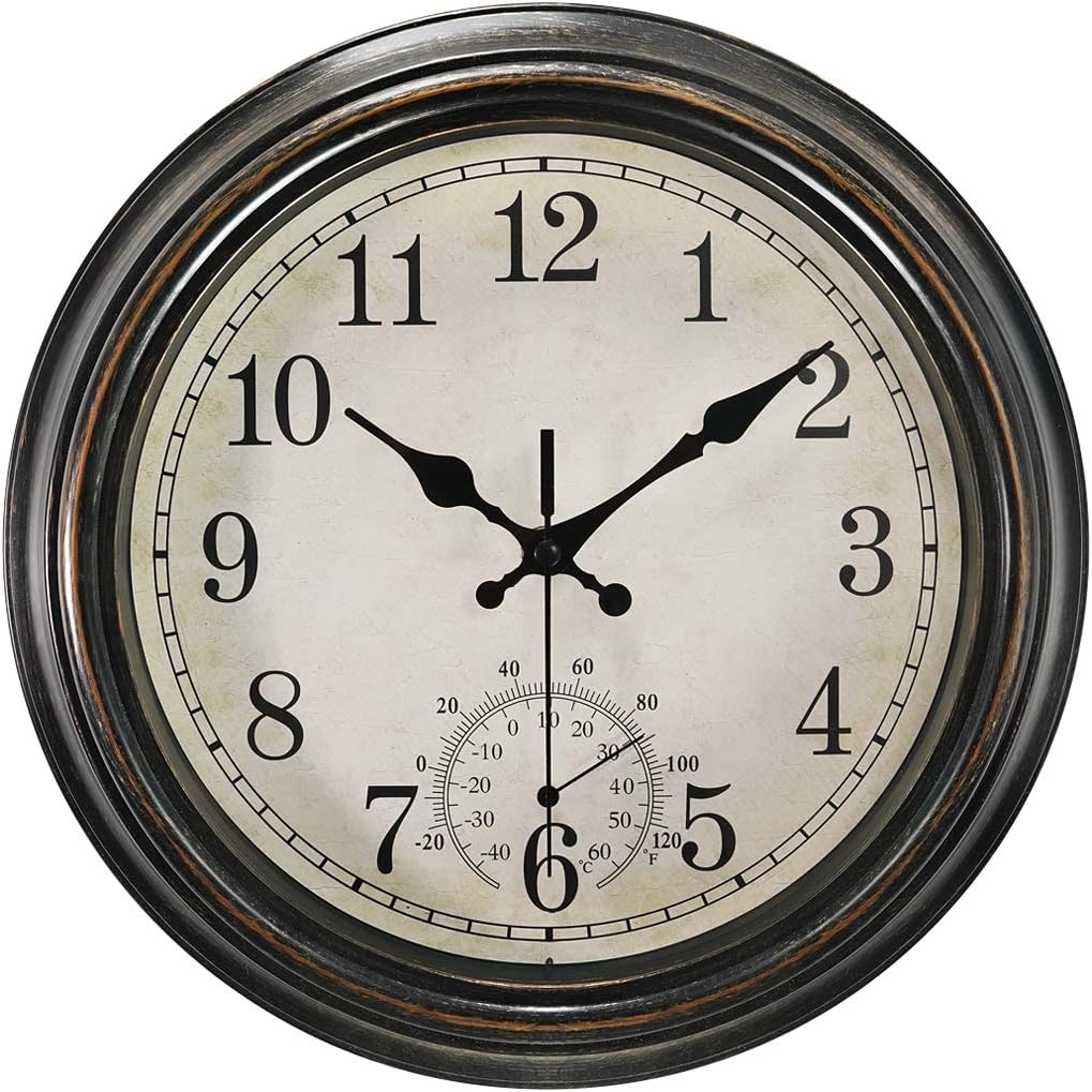 Rsobl Reloj de pared para interiores y exteriores de 12 pulgadas con termómetro, reloj impermeable a pilas, bronce