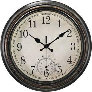 Rsobl Reloj de pared para interiores y exteriores de 12 pulgadas con termómetro, reloj impermeable a pilas, bronce Rsobl Reloj de pared para interiores y exteriores de 12 pulgadas con termómetro, reloj impermeable a pilas, bronce