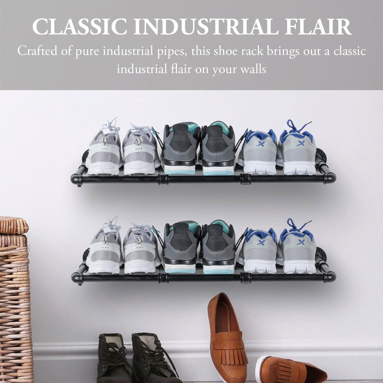 MyGift Juego de 2 estantes industriales de metal negro mate para colgar zapatos y botas, montaje en pared, ahorro de espacio para almacenamiento de