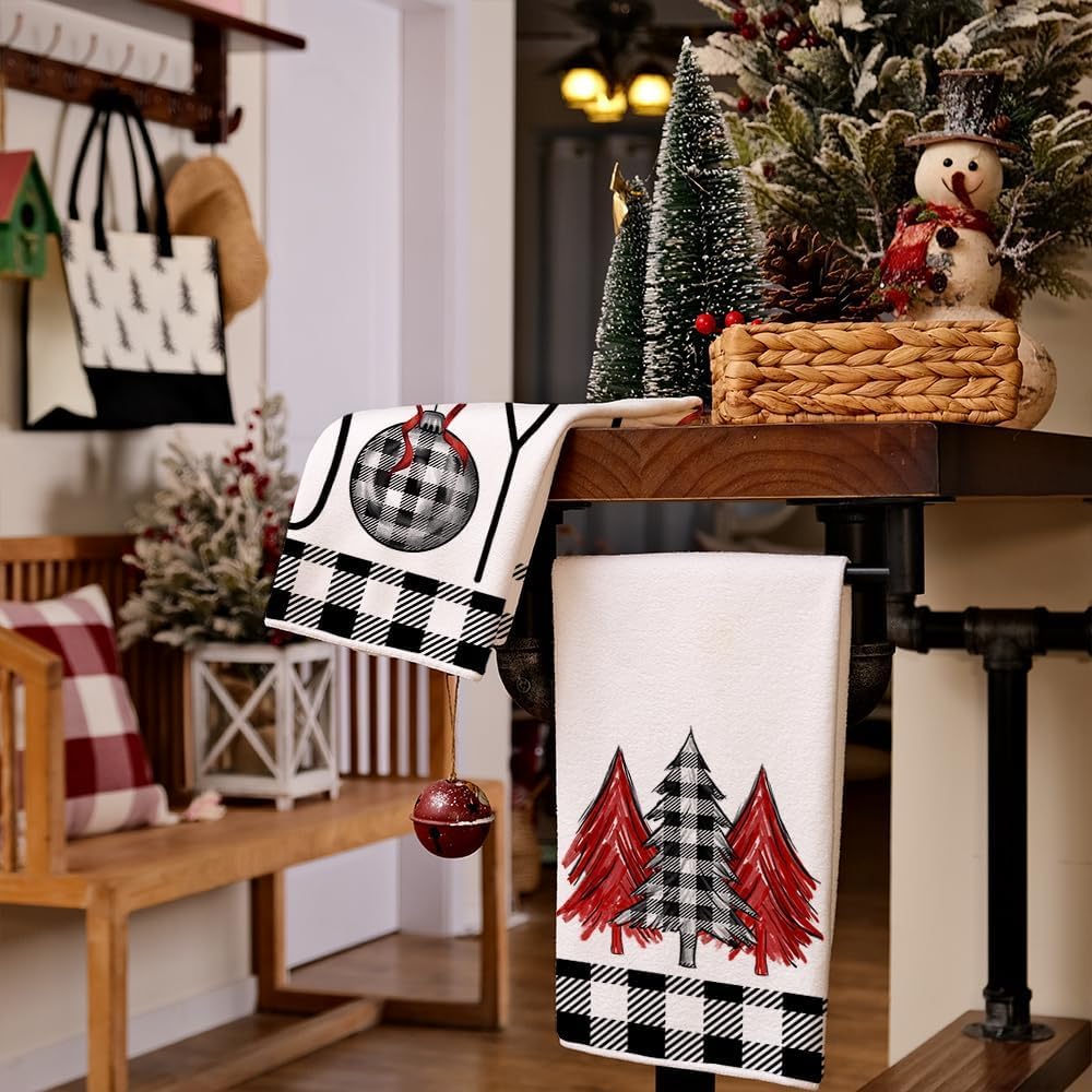 ARKENY Juego de 2 paños de cocina de Navidad para decoración de Navidad, diseño de búfalo negro, 18 x 26 pulgadas, color rojo Joy Noel, árbol de